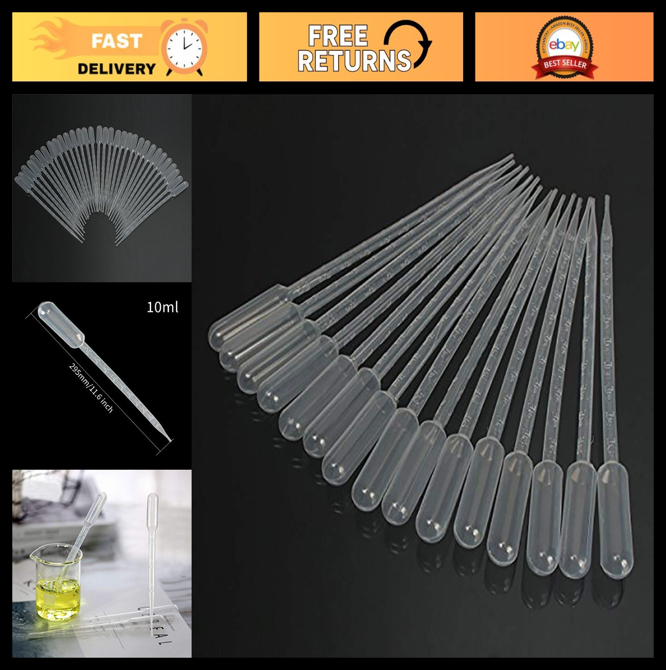 Clear Plastic Liquid Dropper Pipettes 10ML – Graduated Transfer 100 Pack Disposa