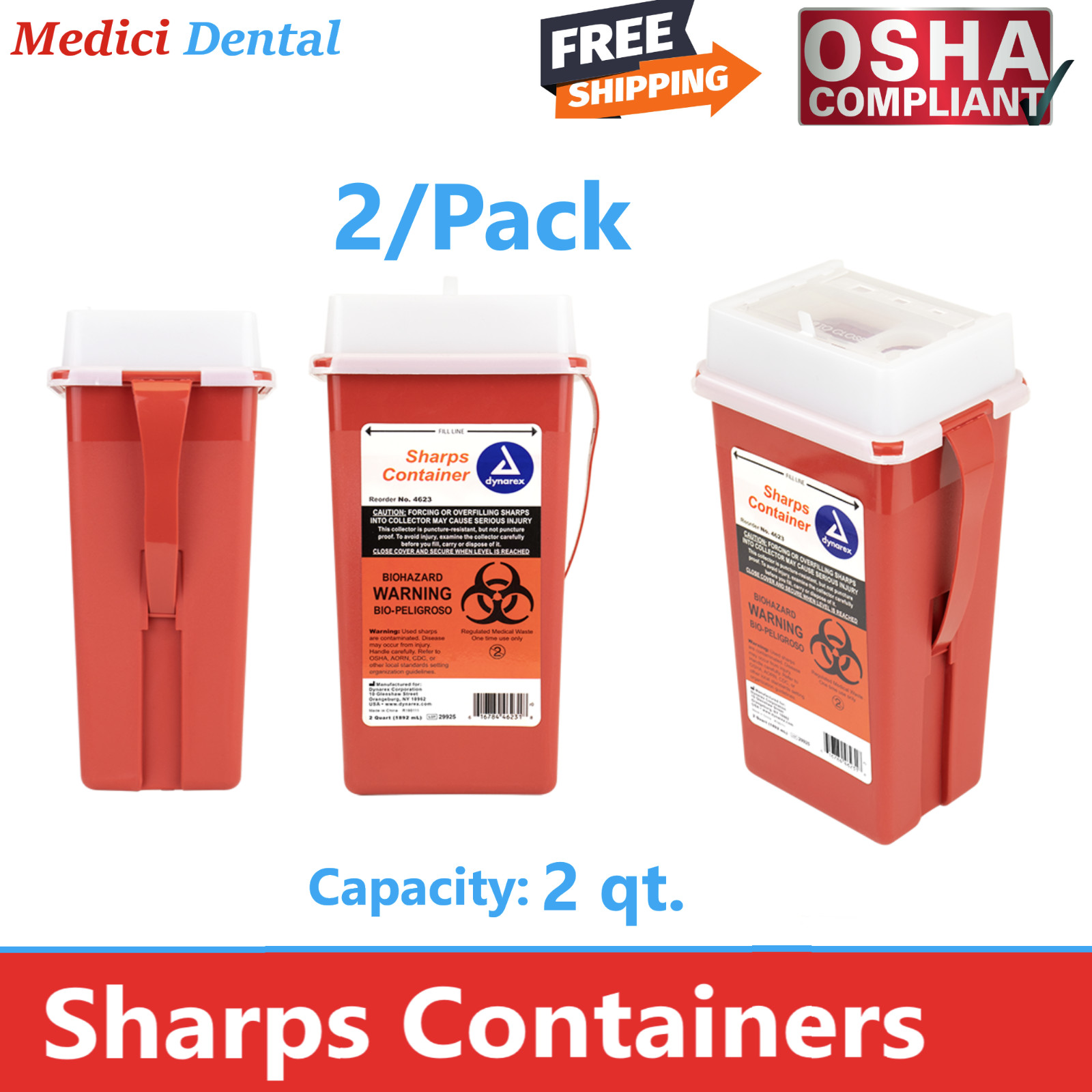 2 PACK! Sharps 2 Quart Biohazard Container Needle Disposal Doctor DYNAREX