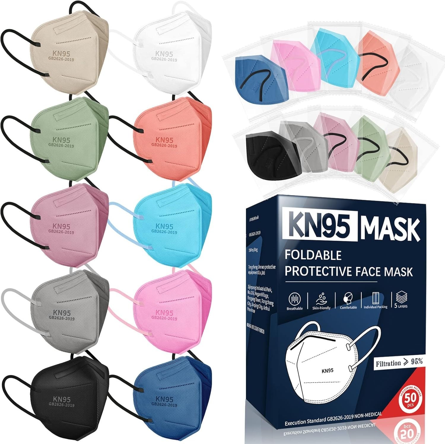 KN95 Face Masks for Adults, 50 Pack 50 Count (Pack of 1), 10 Colors Morandi