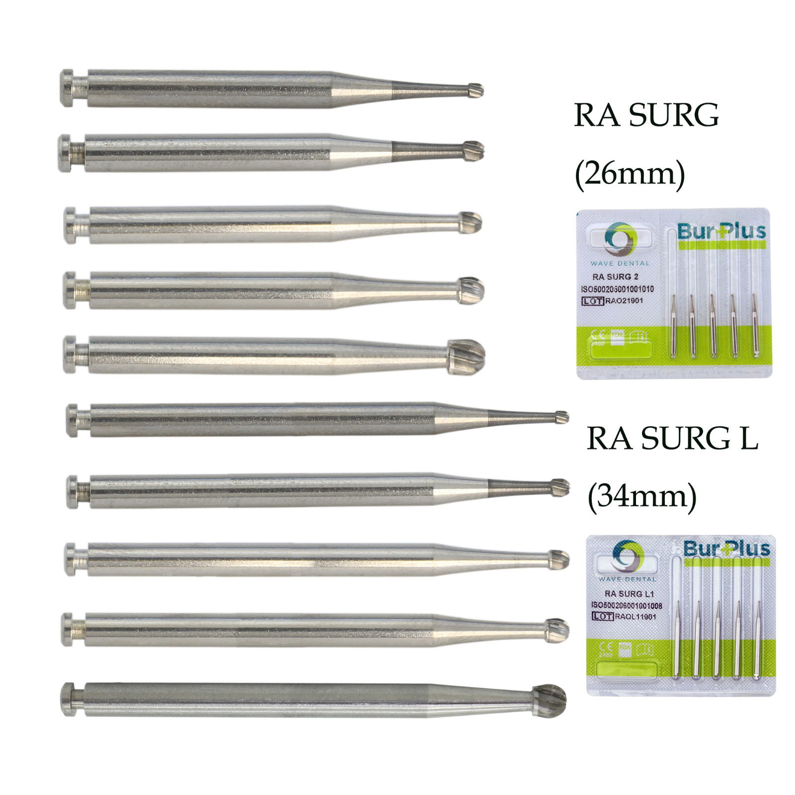 Wave Dental Carbide Burs Long Drill Implant Round Latch 34mm MIDWEST RA SURG L