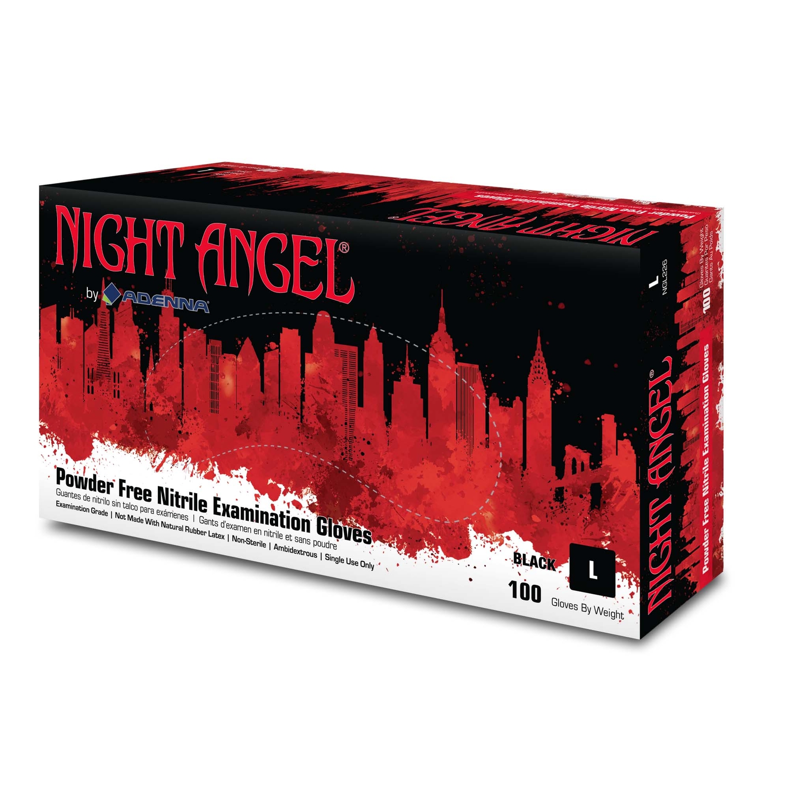 Adenna NGL226 Night Angel 4 mil Nitrile Powder Free Exam Gloves Black, L 100 pcs