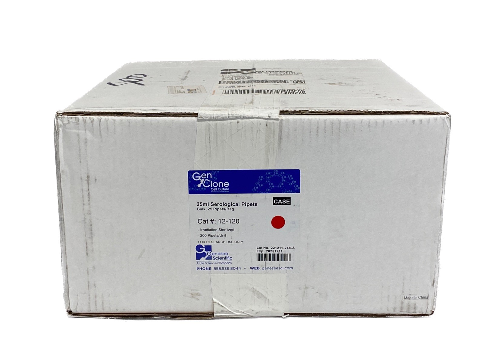 (200/Cs) GENESEE GenClone 25mL Graduated Serological Pipets Plug 25/Bag 12-120