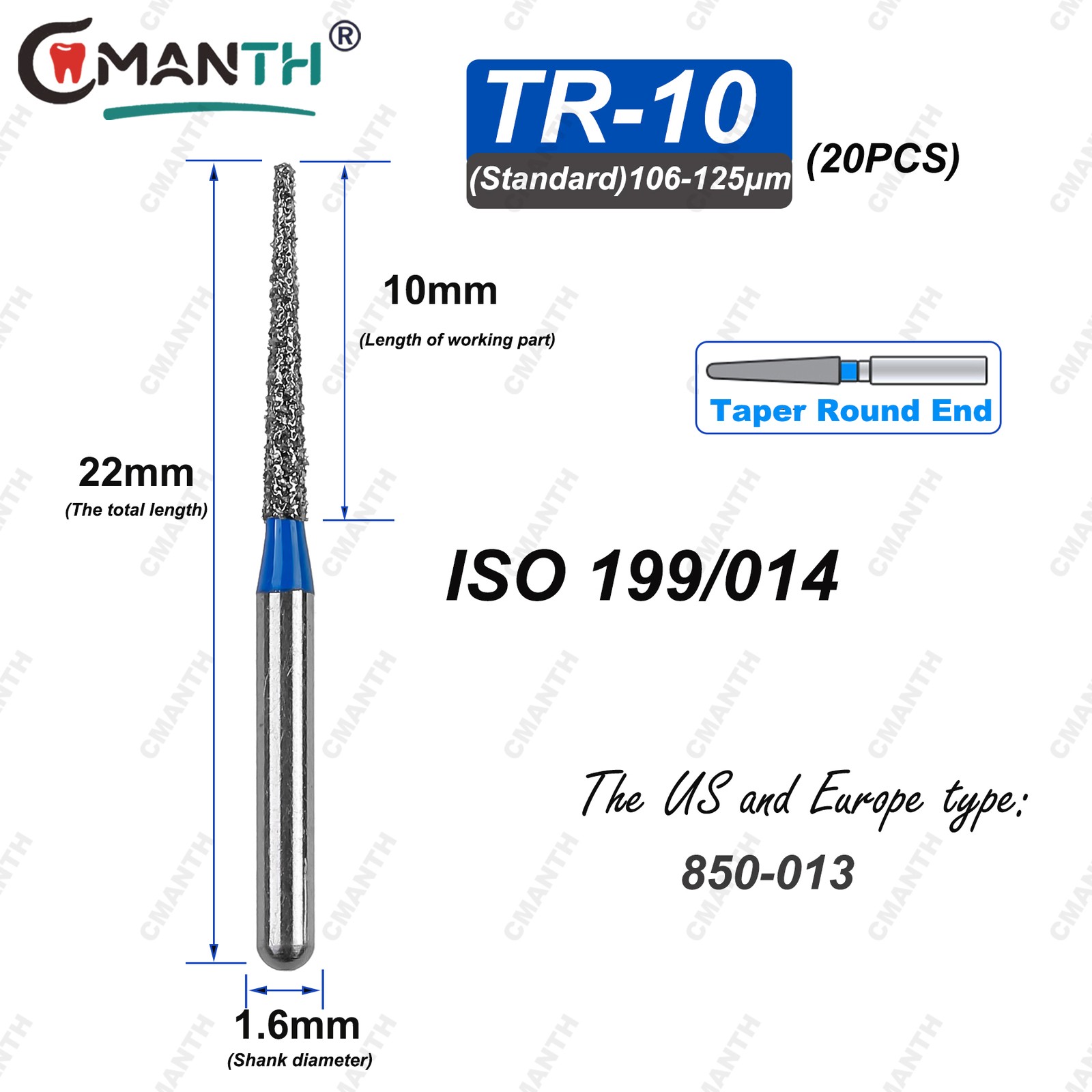 TR Type Dental Diamond Burs Fit High Speed Handpiece 1.6mm Drills 20pcs