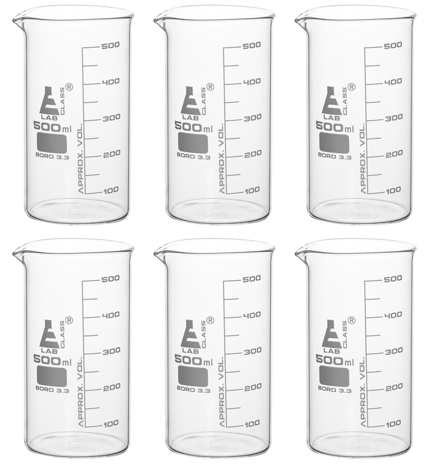 Eisco Labs 500ml Beakers, Tall Form, White Graduations, Borosilicate Glass – 6PK