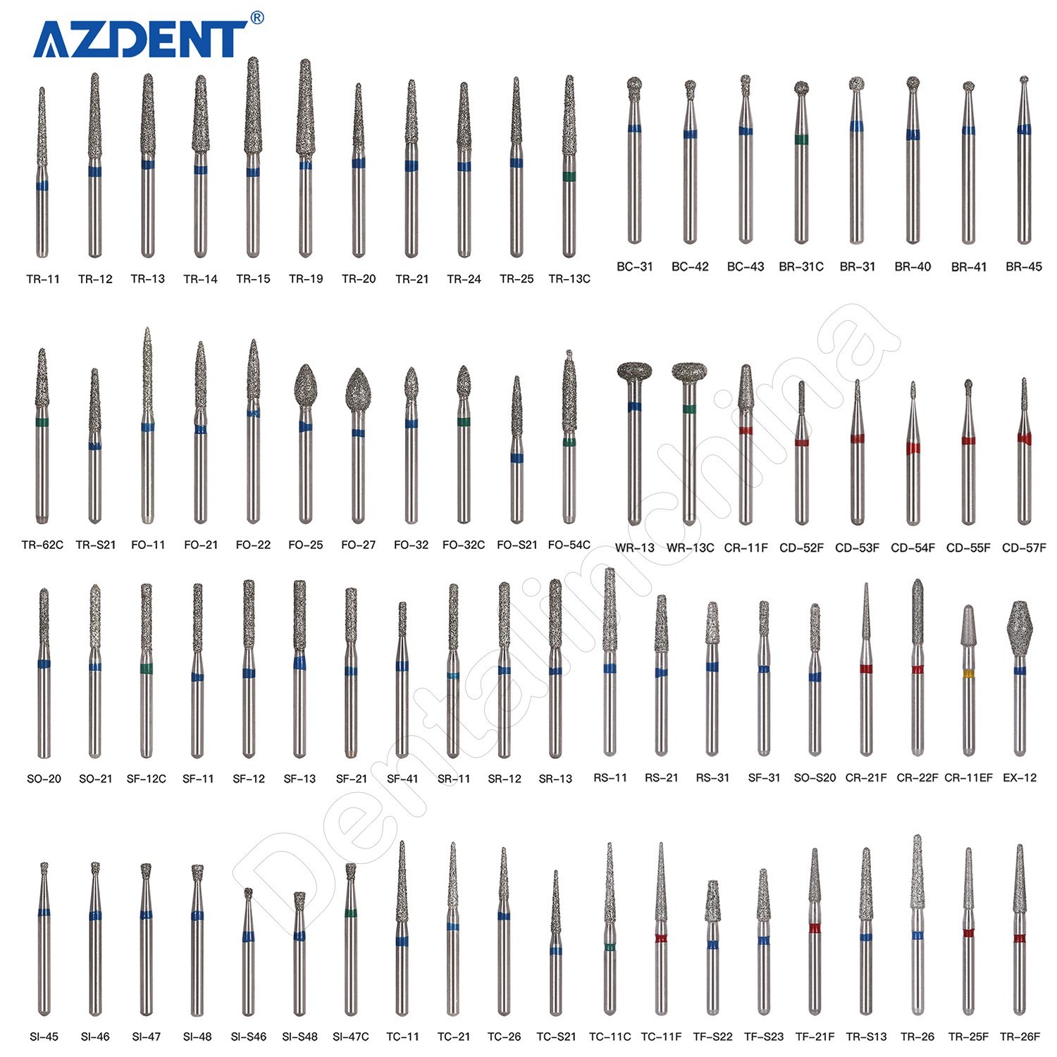 AZDENT Dental Diamond Burs FG For High Speed Handpiece Friction Grip 100 Models