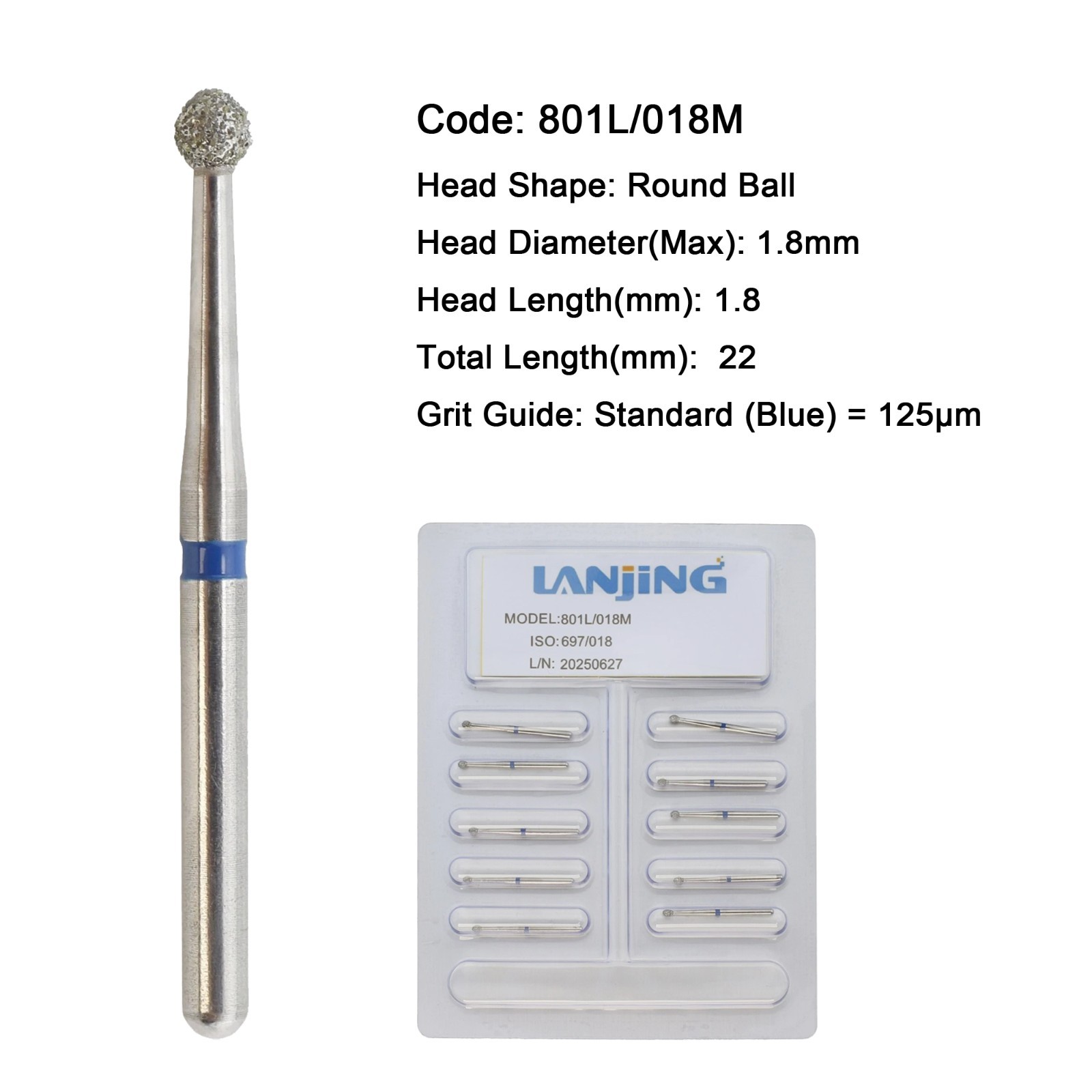 Dental Diamond Burs FG Surgical Bur 801L/018M Long Round Ball for High Speed