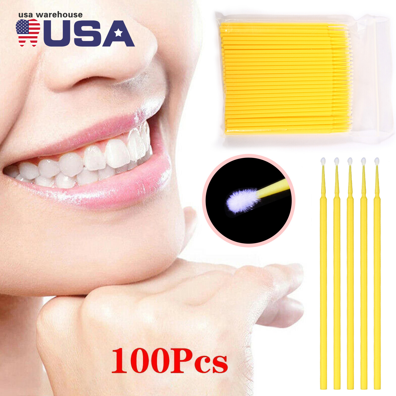 100 Micro Brushes Applicators Microbrush Dental Regular Yellow 2.0 mm