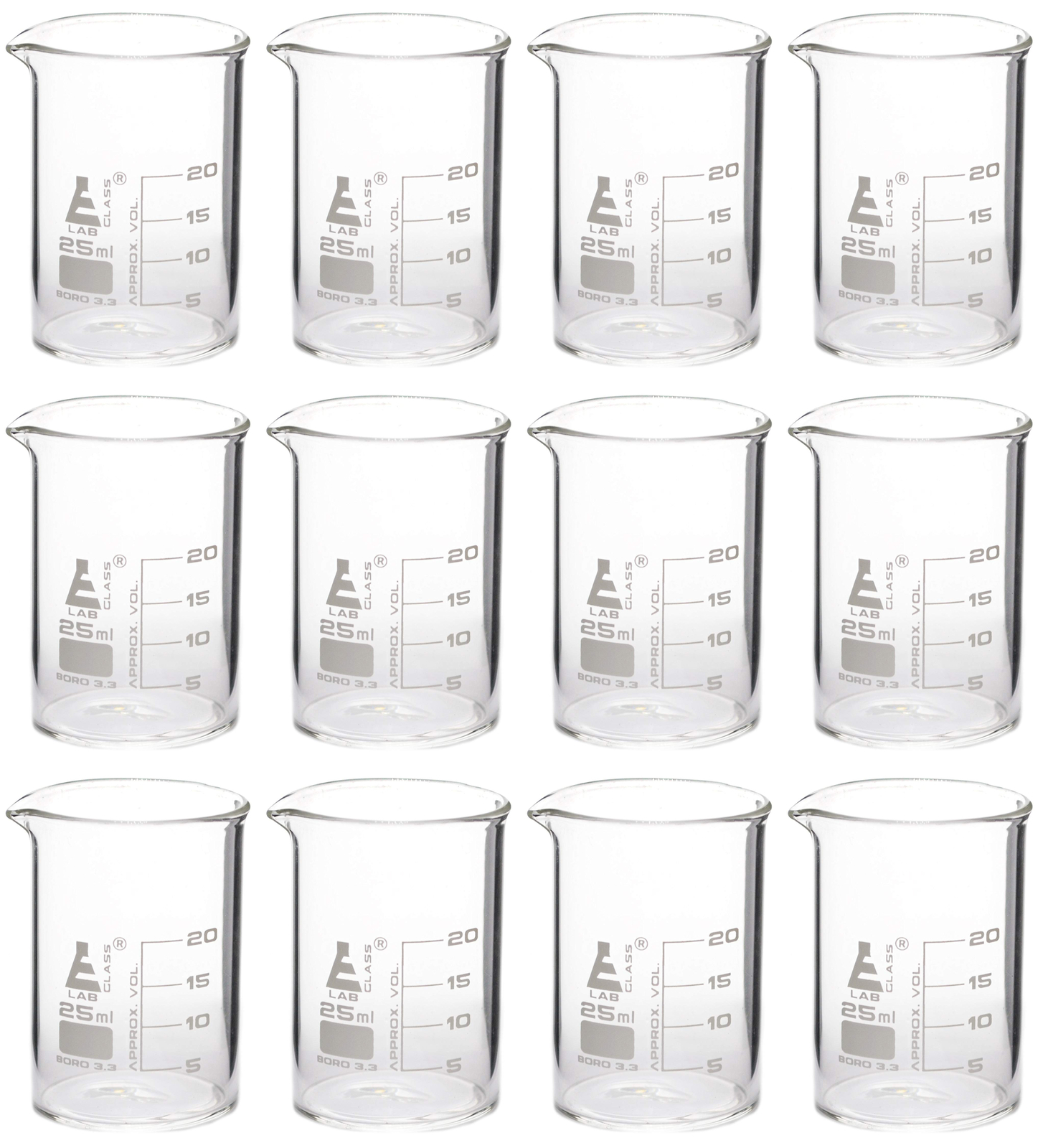 Beaker – 25ml, Borosilicate Glass, 25ml graduation Low form – Pack of 12