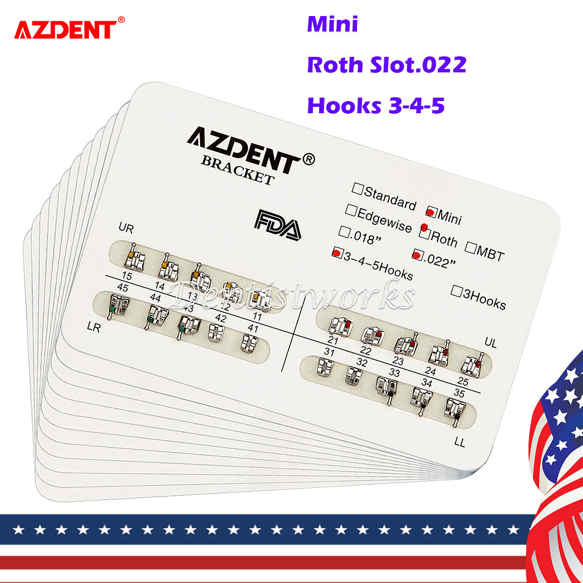AZDENT 10X Dental Orthodontic Brackets Braces MINI Roth Slot.022 Hooks 345 Metal