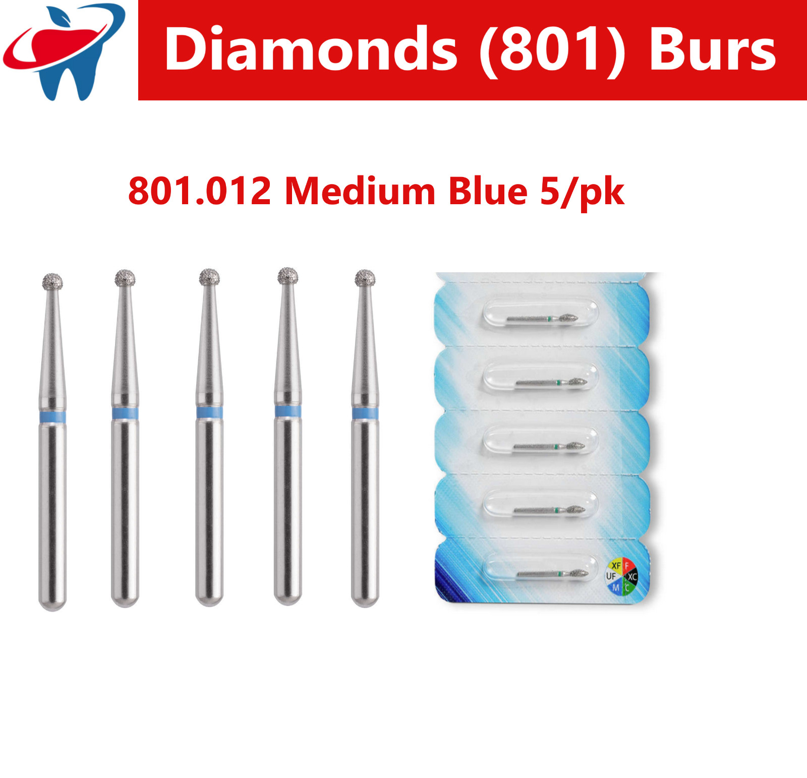 Dental Burs Diamond FG High Speed Bur Round End 801 012M, Medium 5/pk Taper Ball