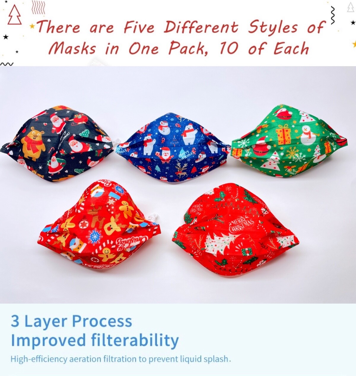 (50 Pcs）Christmas patterns Disposable Face Mask with 3 Ply Earloop Mouth Cover