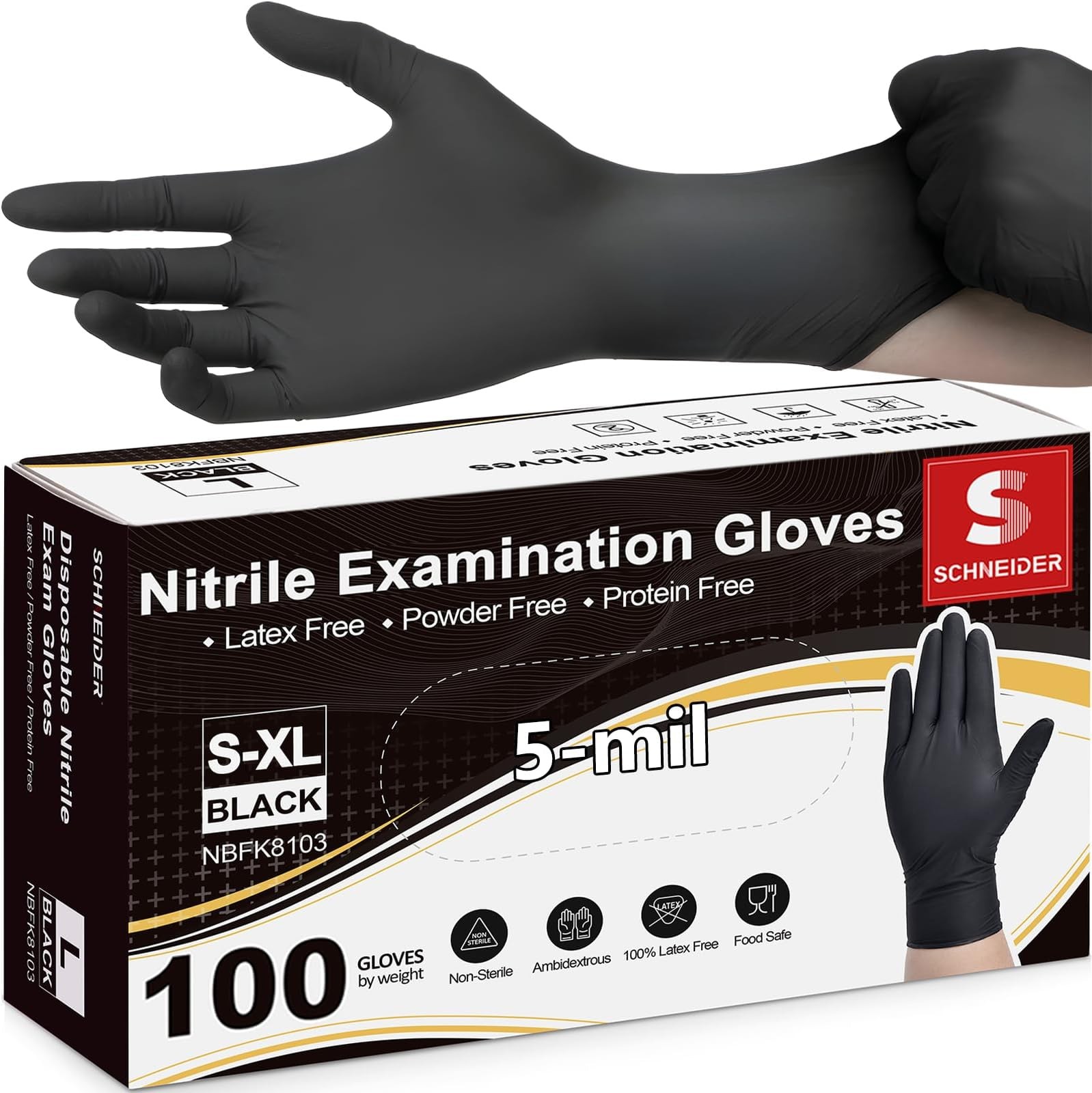 Schneider Medical Black Nitrile Exam Gloves, 5 Mil Latex-Free & Powder-Free D…