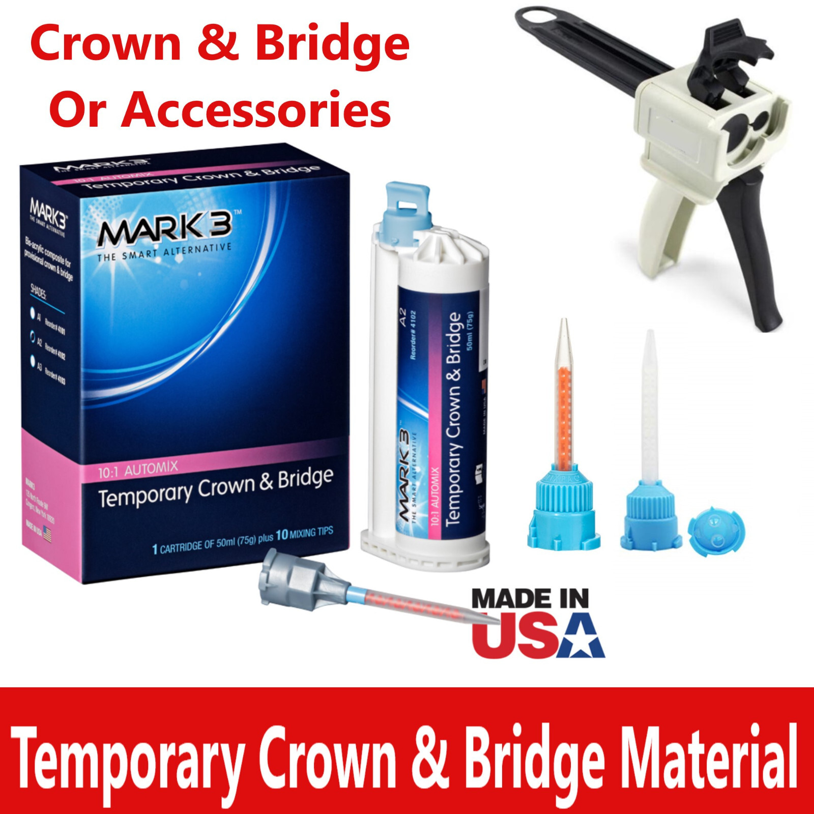 Dental DEFEND TEMPORARY CROWN & BRIDGE MATERIAL, Shade A1, A2, A3, B1 50ml 10:1
