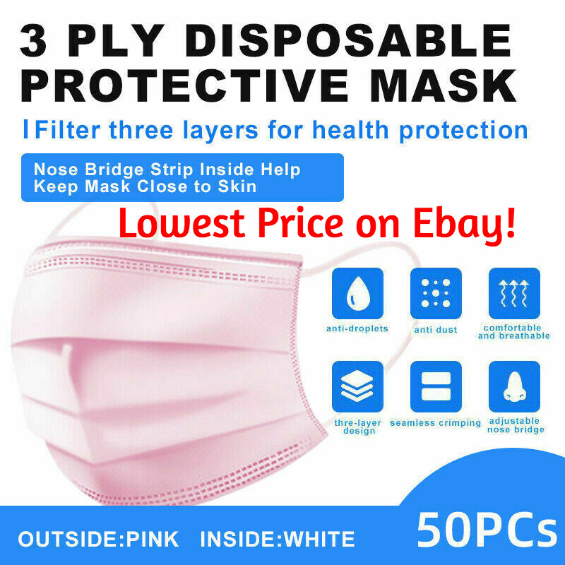 50 Pcs Pink Face Mask Disposable Non Medical Surgical 3-Ply Earloop Mouth Cover
