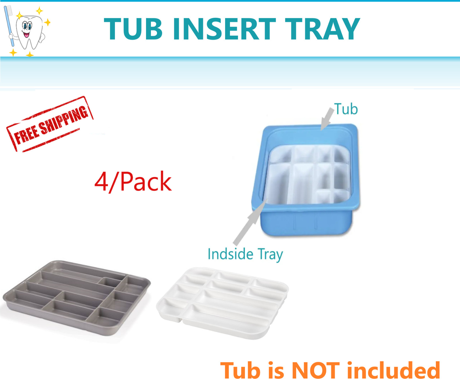 Dental Operation Tub Insert Trays, 11 3/8 x 9¼” x 1⅛” White, Blue, Beige, 4/Pack