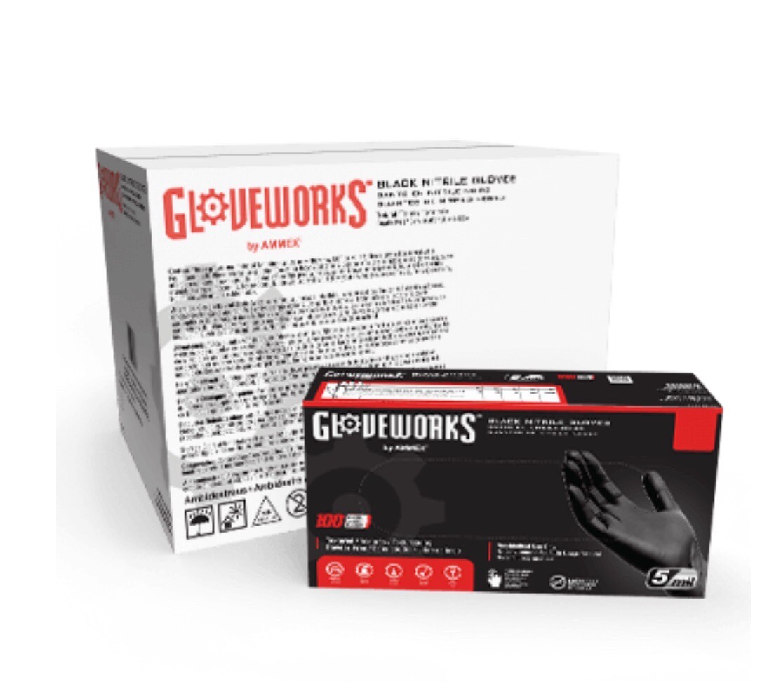 Gloveworks Black Nitrile PF Ind Gloves – 5 Mil – Case of 1000 Gloves/10 Boxes