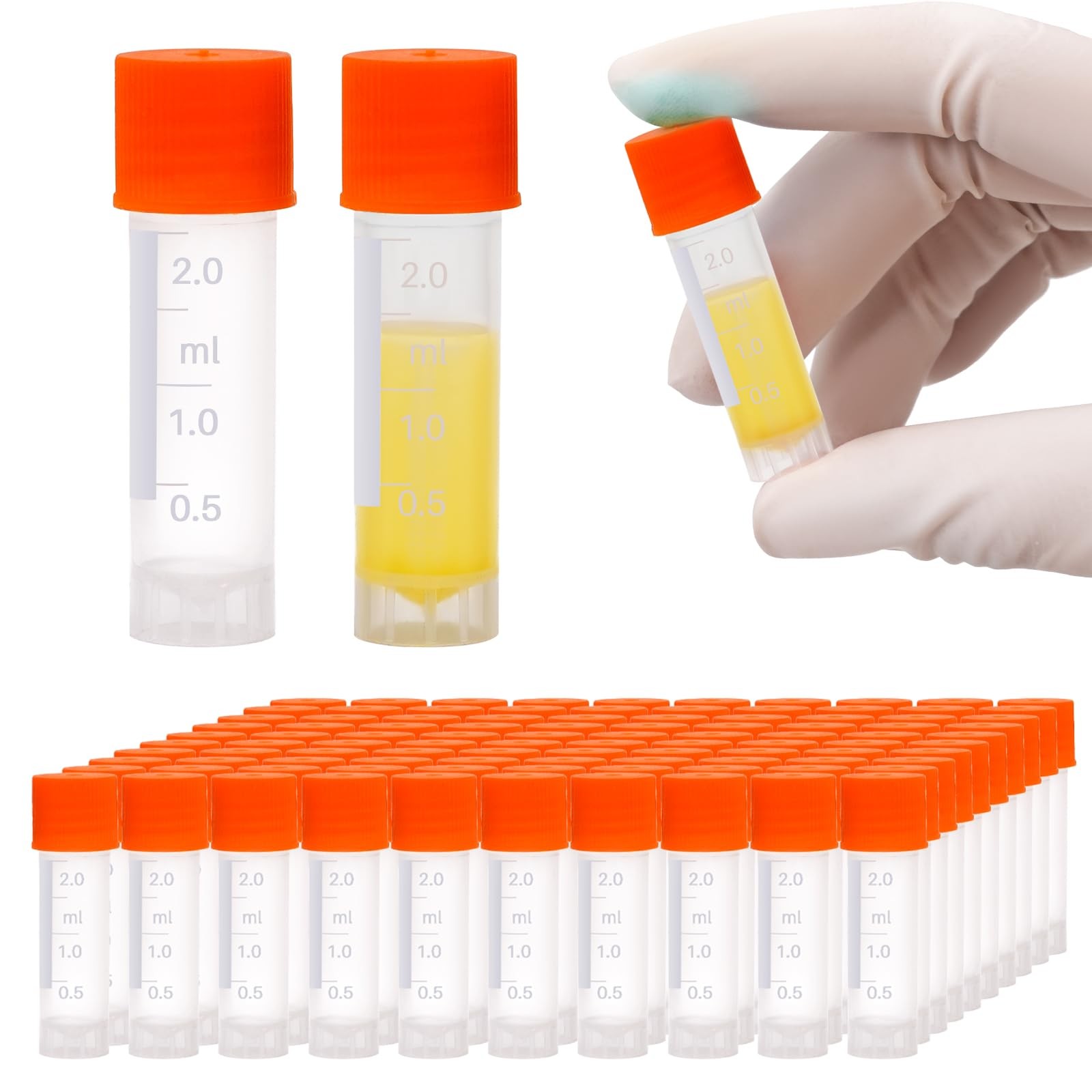 100 PCS 2ml Sample Plastic Centrifuge Tubes Cryogenic Vials Screw Caps Orange