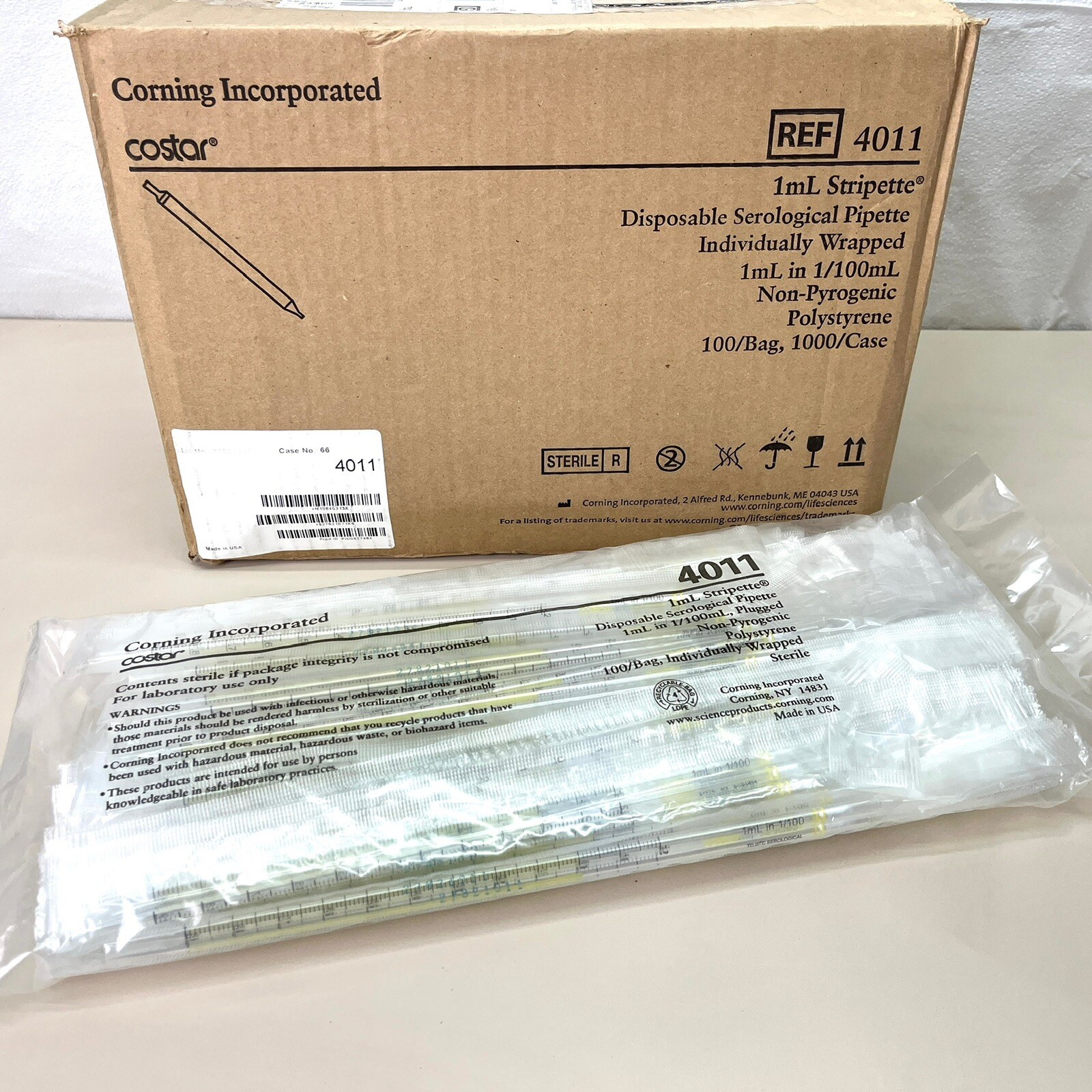 CASE OF 1000 Corning Costar 4011 Serological Pipette 1ml Stripette