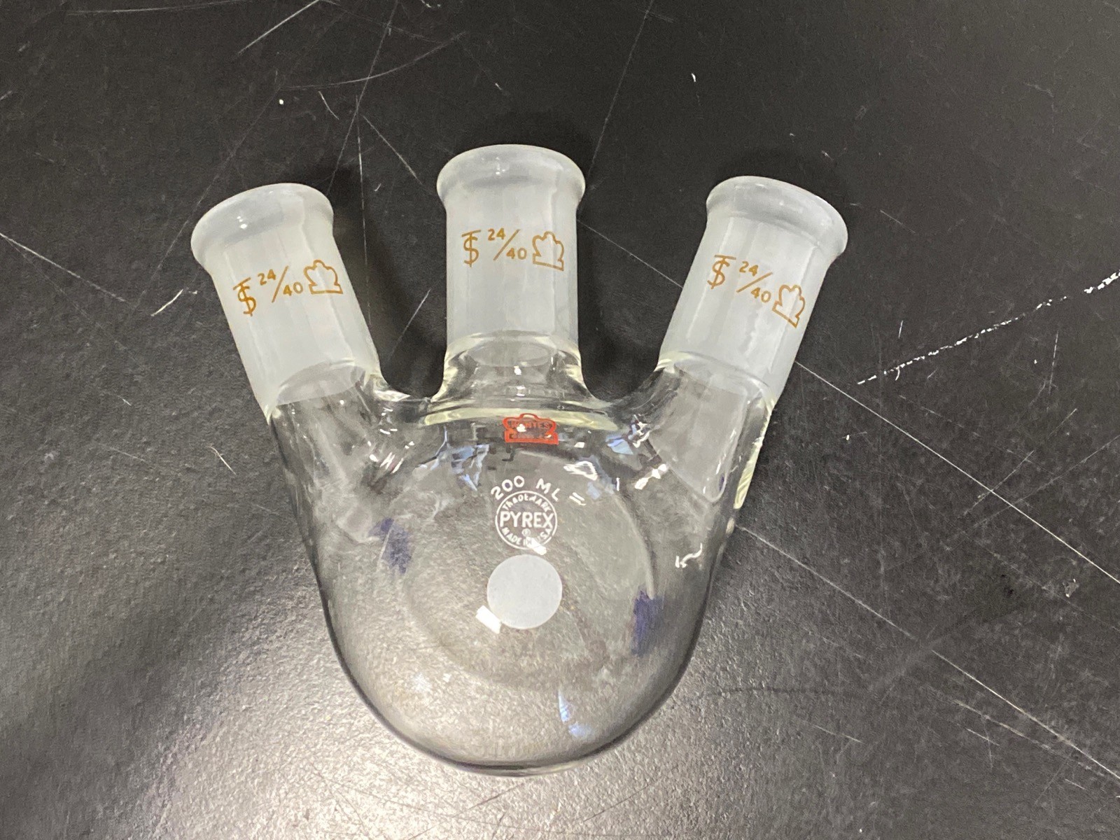 PYREX KONTES Glass 200mL Angled 3-Neck Round Bottom Flask 24/40 4965-200