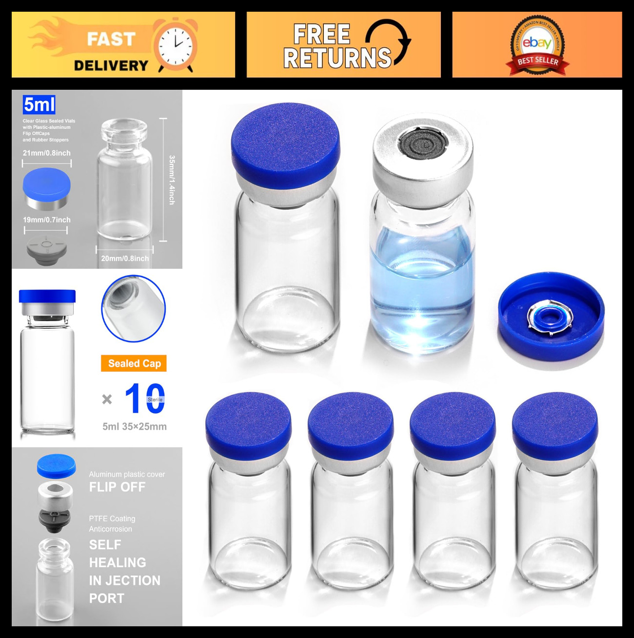 50 Pack 5ml Glass Vials with Self-Sealing Injection Ports & Flip Caps – Empty St