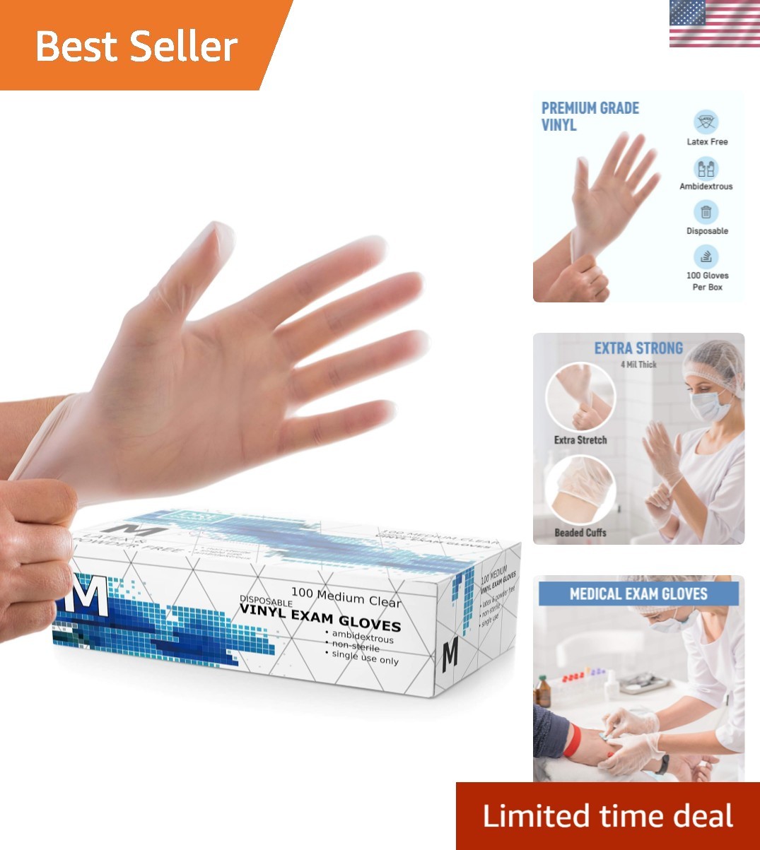 Medium Clear Vinyl Medical Exam Gloves – Pack of 100