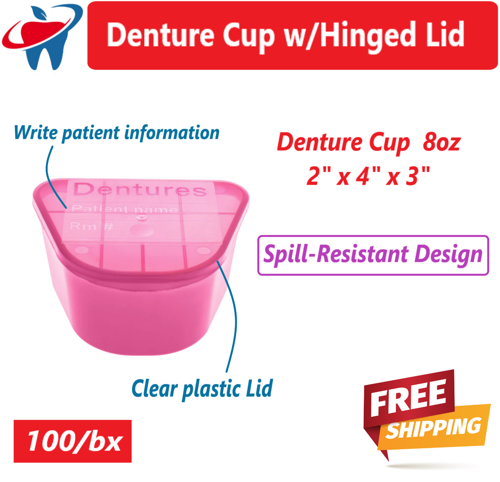 Dental Denture Case Cup Box Retainer Case Hinged Lid, Pink, 2″ x 4″ x 3, 100/Box