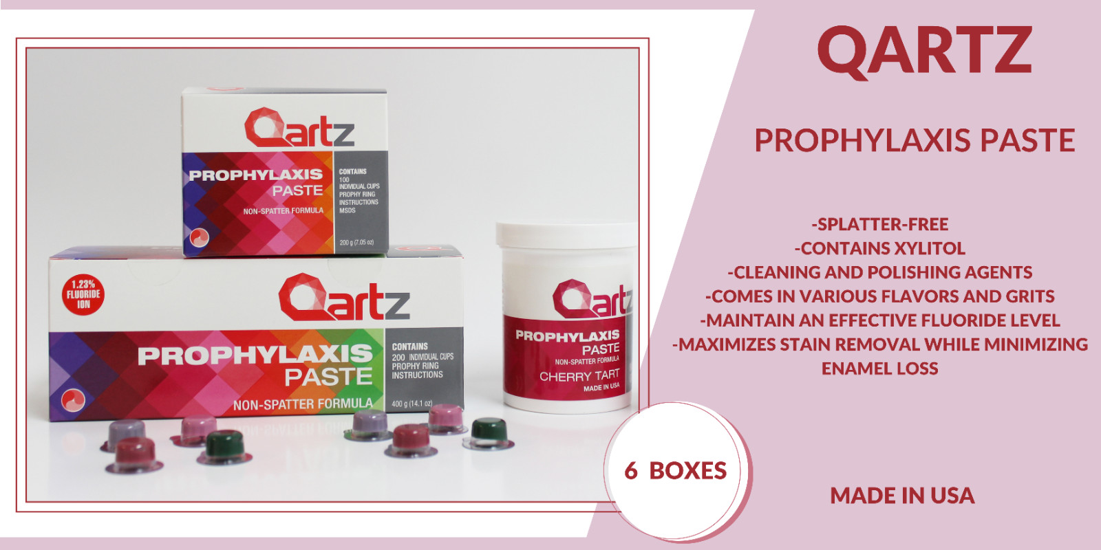 QARTZ PROPHY PASTE CUPS BUBBLE GUM FINE 200/BOX DENTAL W/FLOURIDE – 6 BOXES