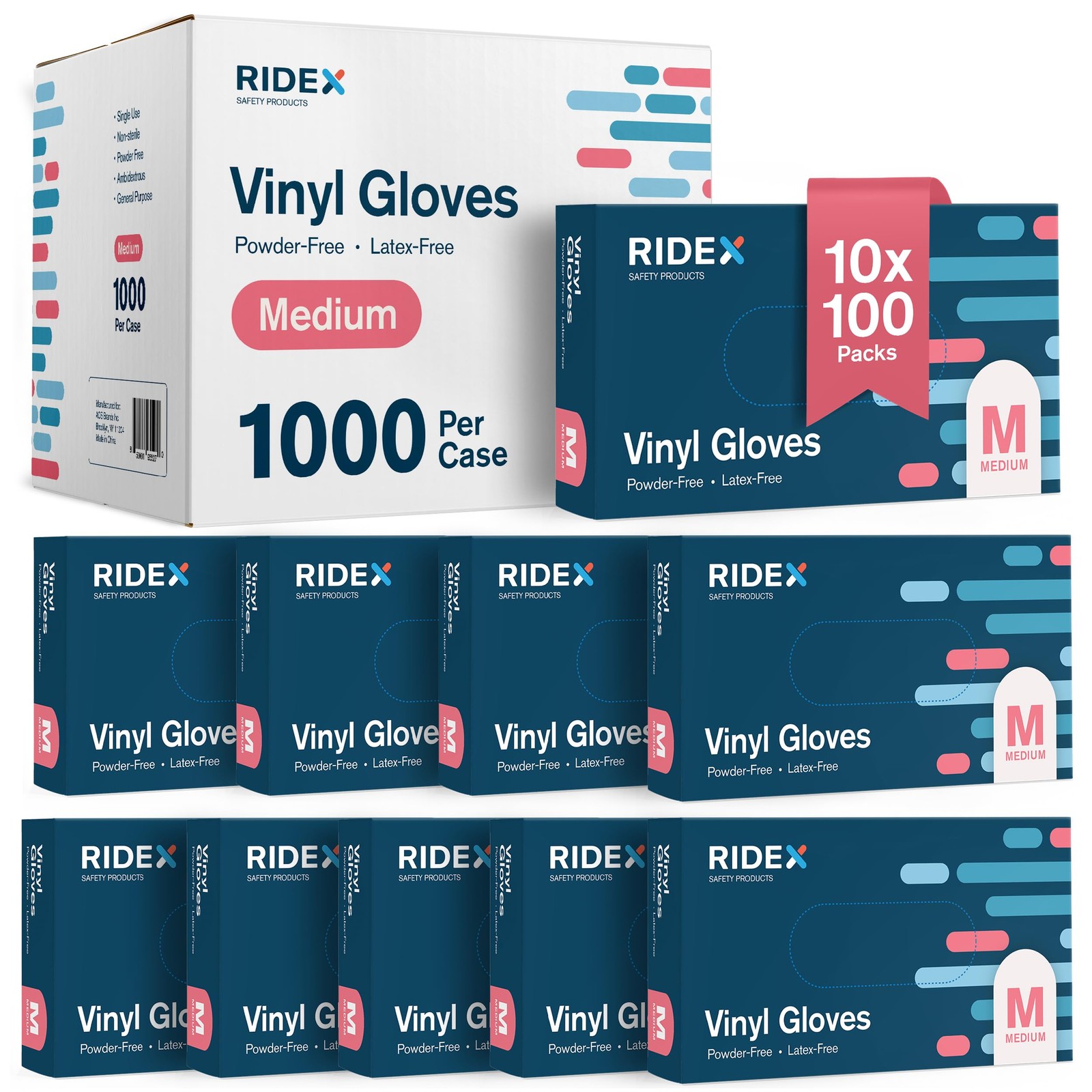Ridex Latex~Free Clear Vinyl Gloves, Powder~Free, Medium, 1000 Count