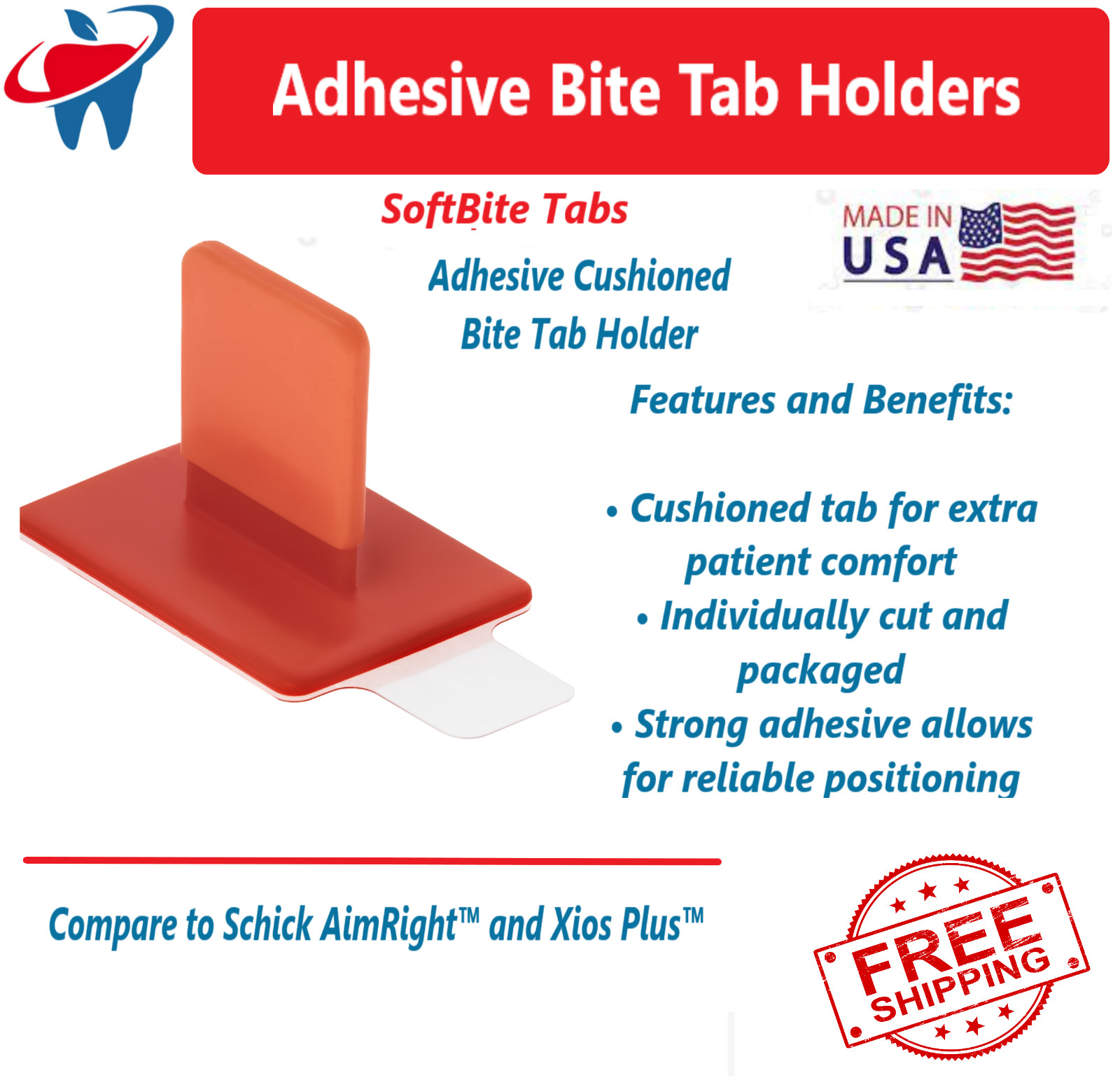 Dental X-Ray Sensor SoftBite Disposable Adhesive Cushioned Bite Tab Holders Red