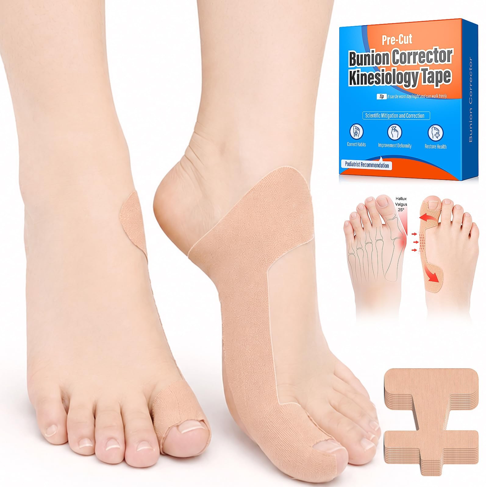 Bunion Corrector Kinesiology Tape for Women & Men, Precut One Size, Skin Tone