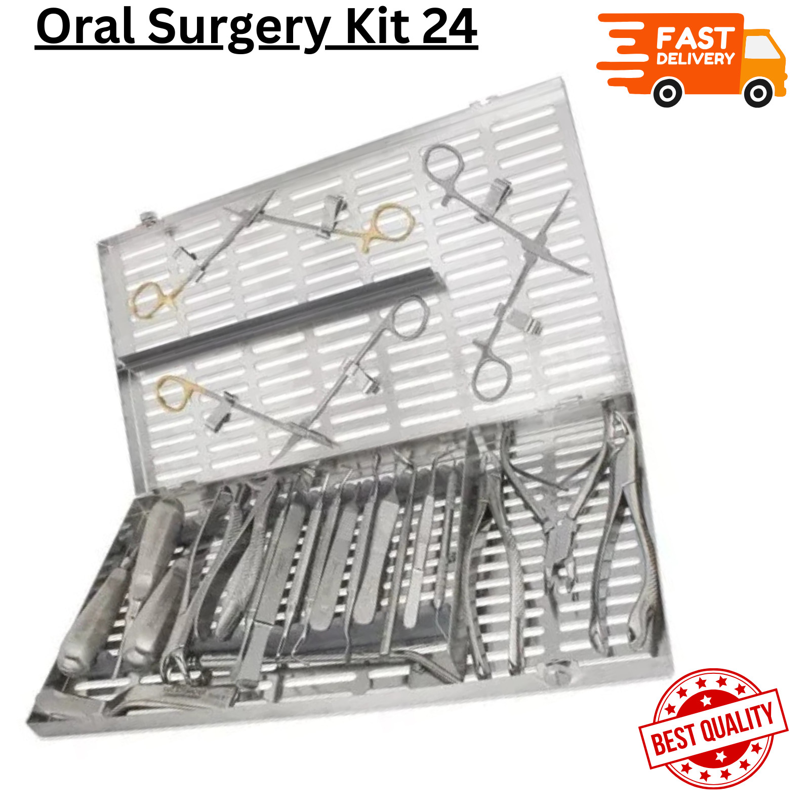 Oral surgery kit with instruments stainless steel set in sterilization cassette