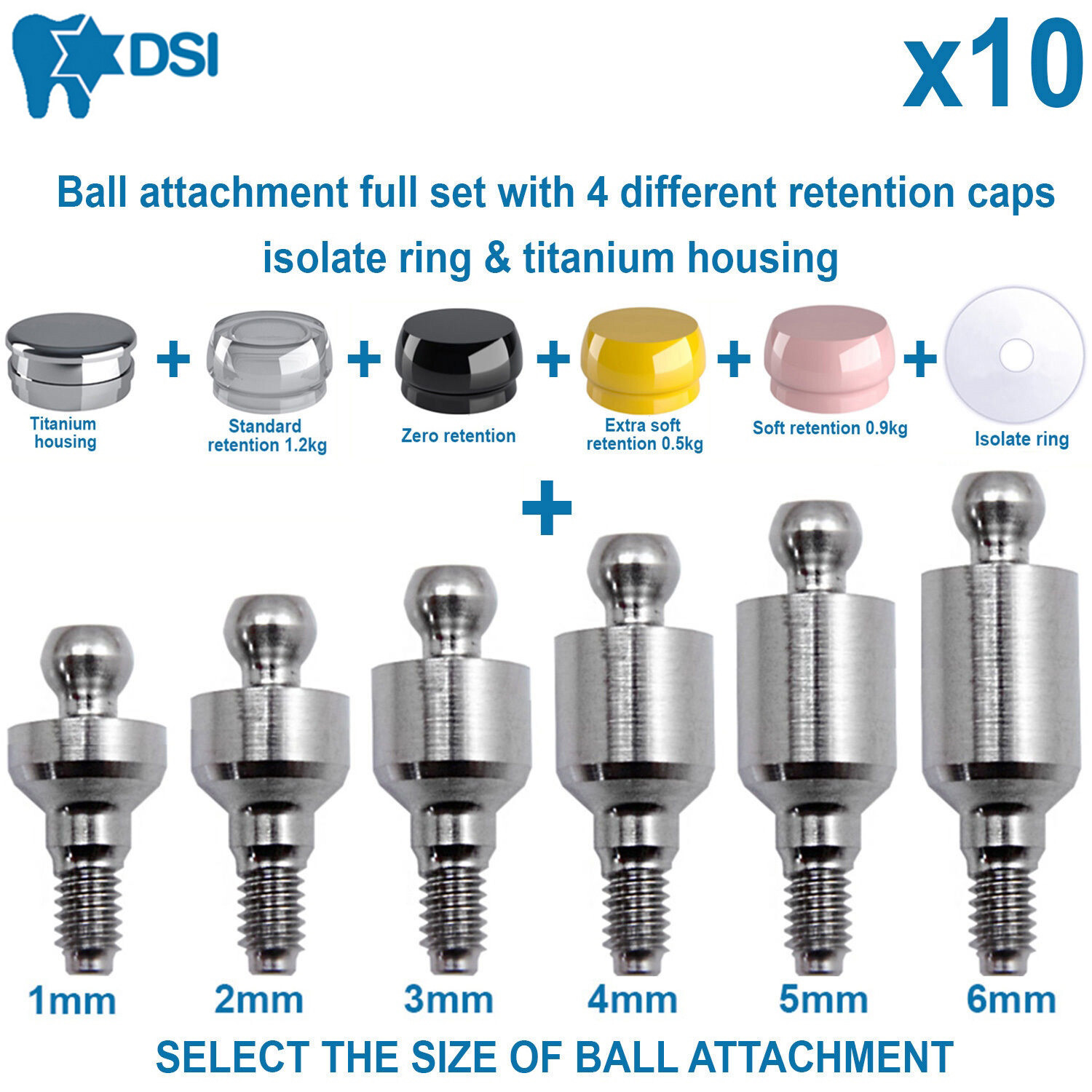10x Dental Fixture Ball Attachment Full Kit Caps Straight Adapter Head Housing