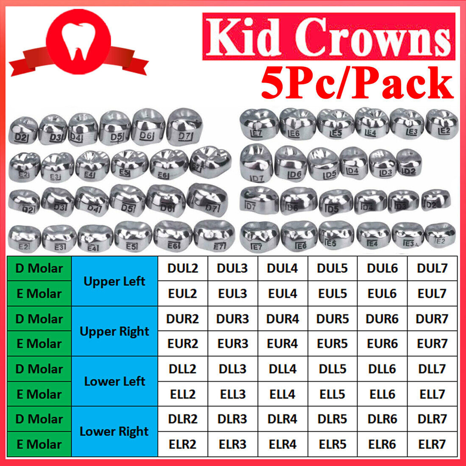DENTAL STAINLESS STEEL Adult Permanent Molar CROWN All Size 5/Pk Compare to 3M