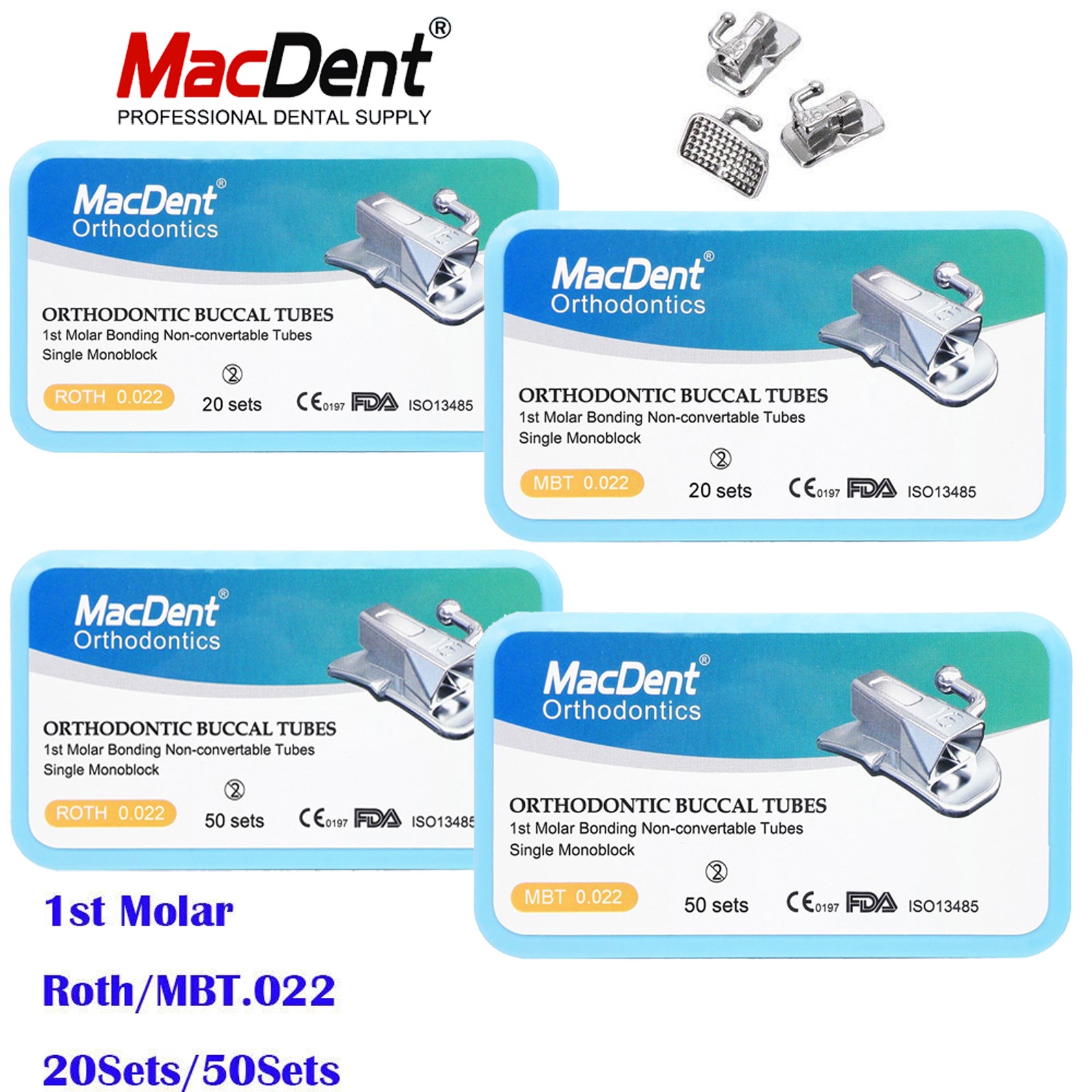 MacDent Dental Orthodontic Buccal Tubes 1st 2nd Molar Tube Roth MBT 022 Bondable
