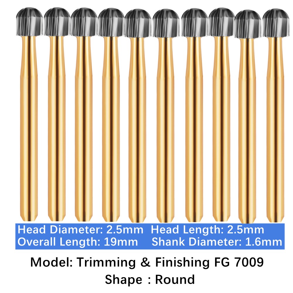 10-100pcs Vakker Dental Trimming Finishing Carbide Burs Gold Round Burs FG 7009