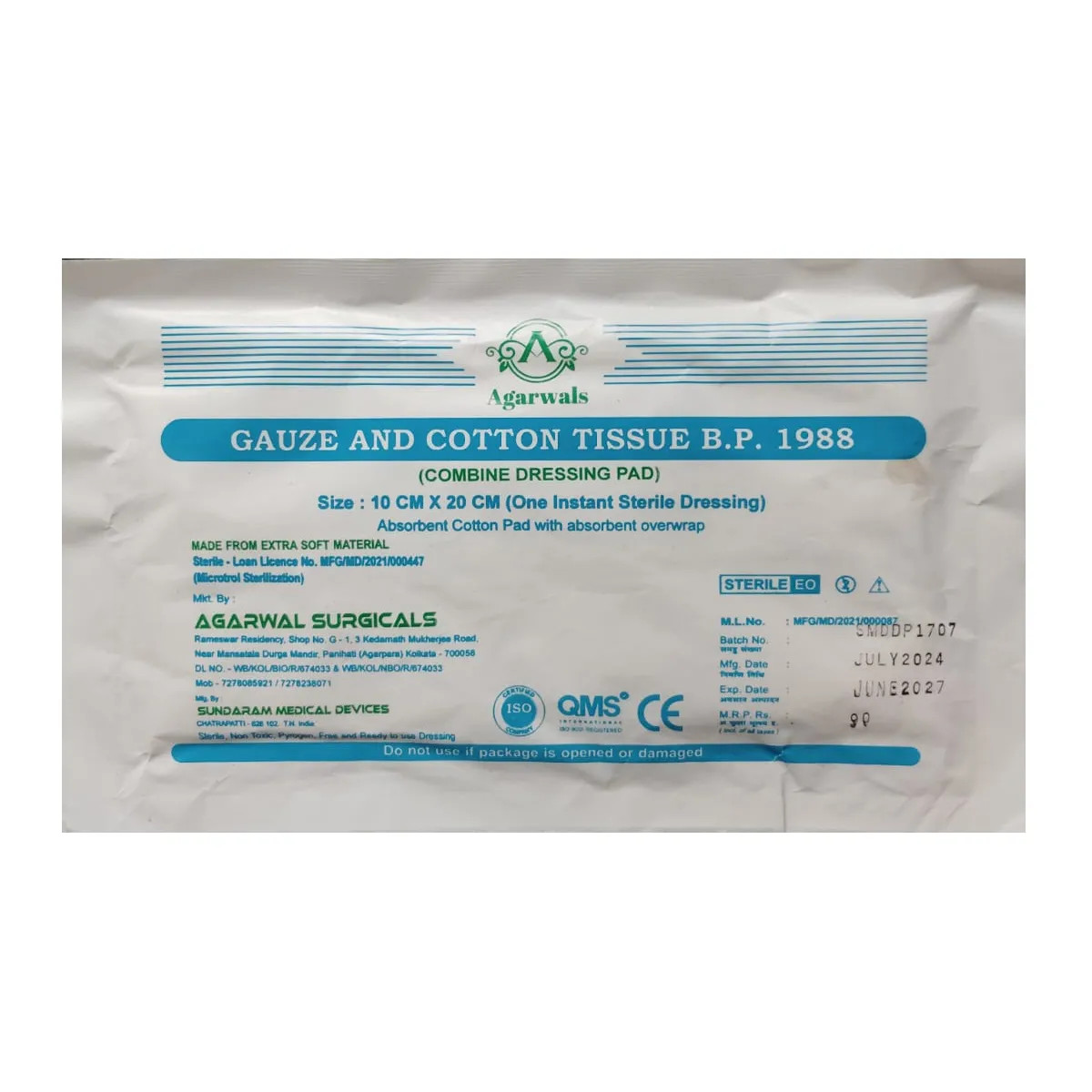 Agarwals Premium Sterile Combine Dressing Surgical Pads 10cm x 20cm pack 1 3pcs