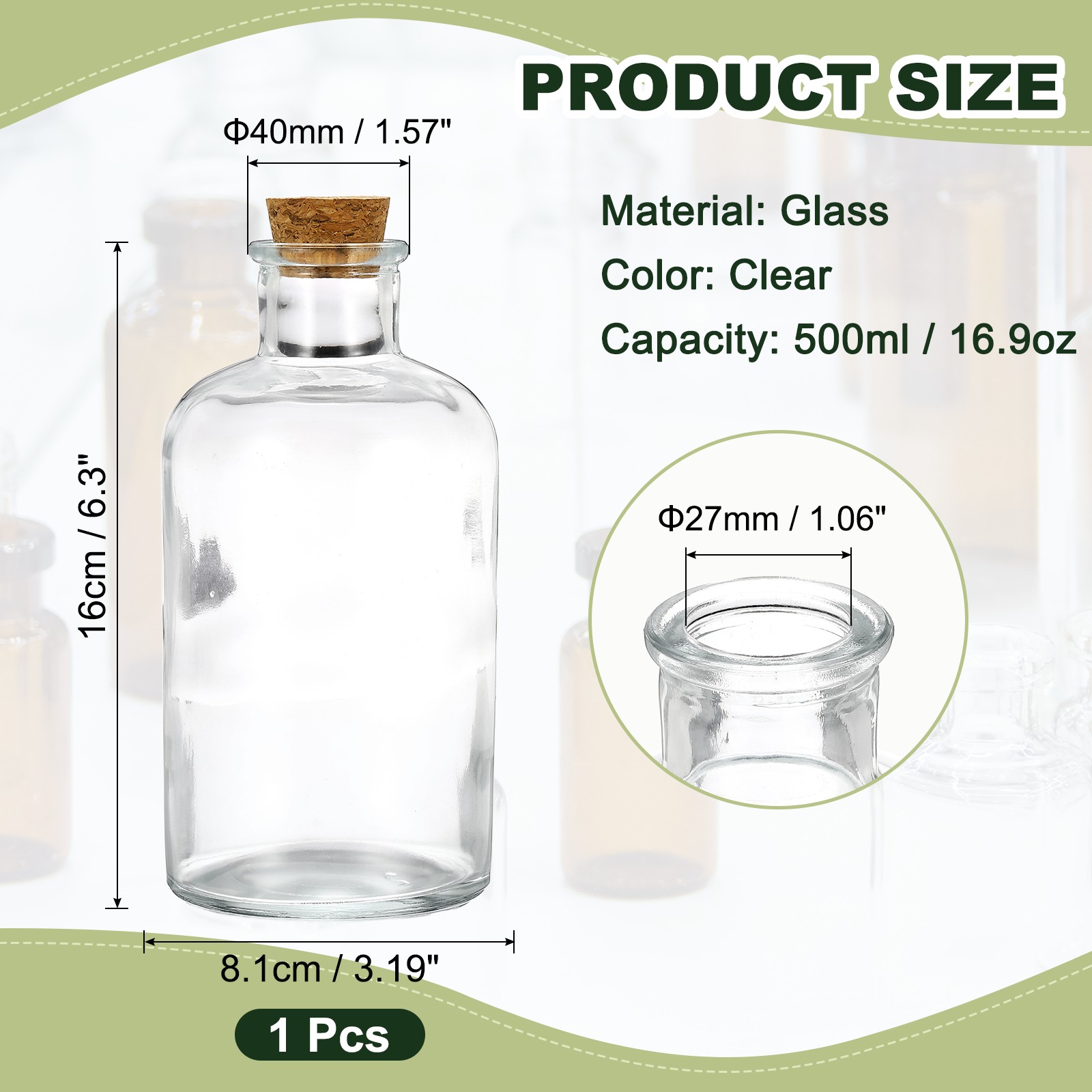 500ml Glass Reagent Bottle with Wood Stopper Narrow Mouth, Clear(16.9oz)