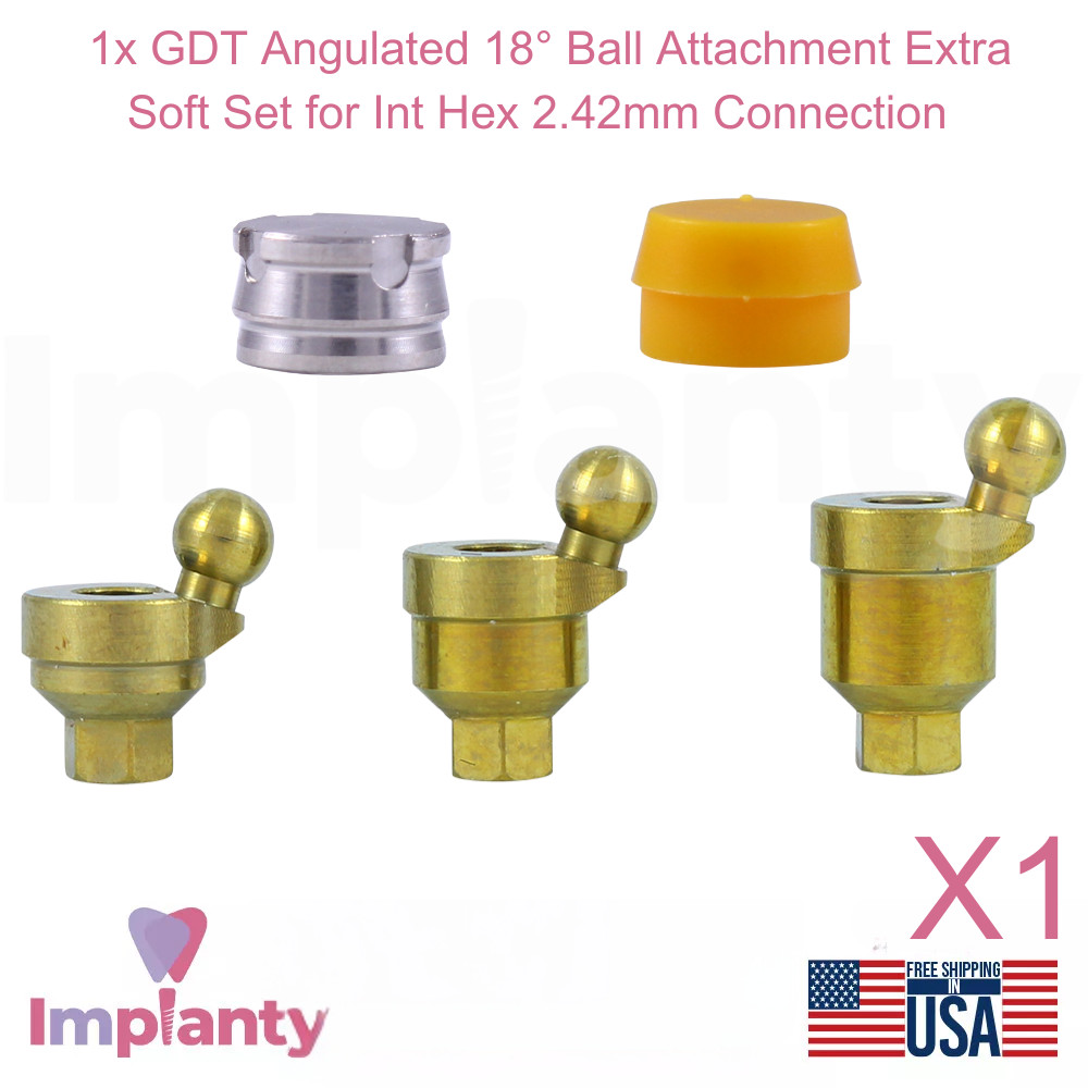 1x Dental Angulated 18° Ball Attachment Extra Soft Set Titanium Int Hex 2.42mm