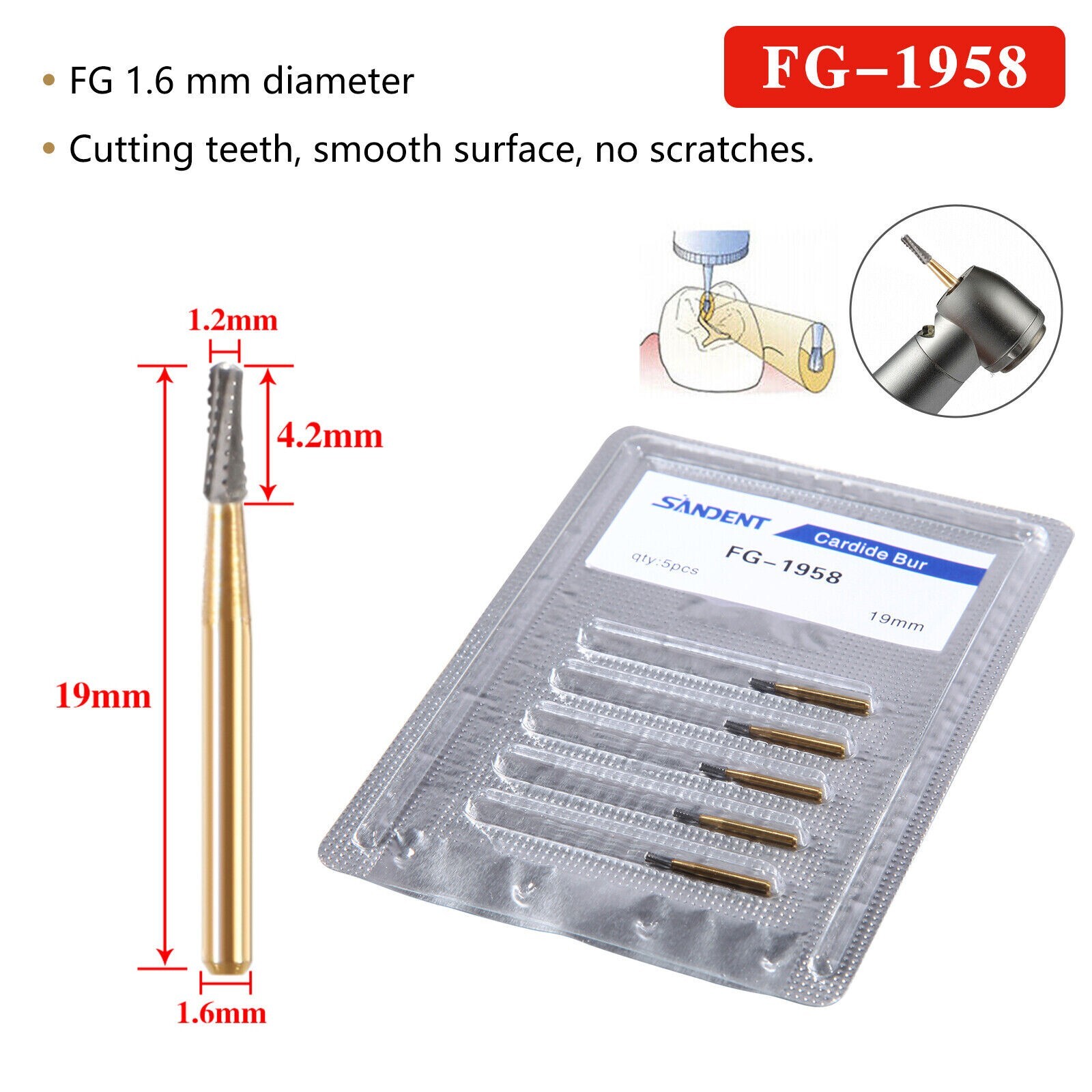 1 box FG-1958 Dental Tungsten Steel Carbide Crown Metal Cutting Burs 19mm
