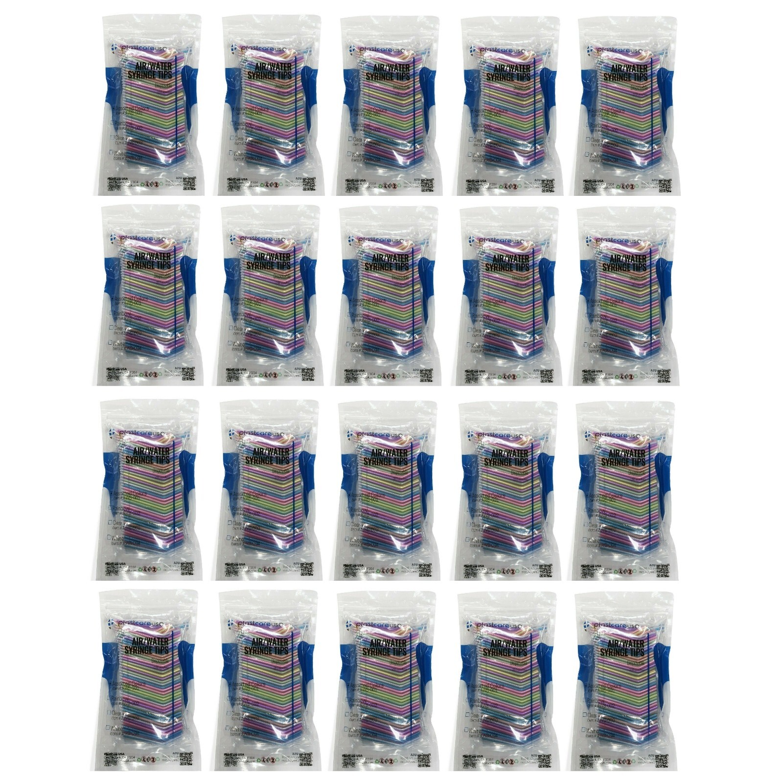 20 Bags Dental Disposable Air Water Syringe Tips, Assorted Rainbow, (5000 Total)