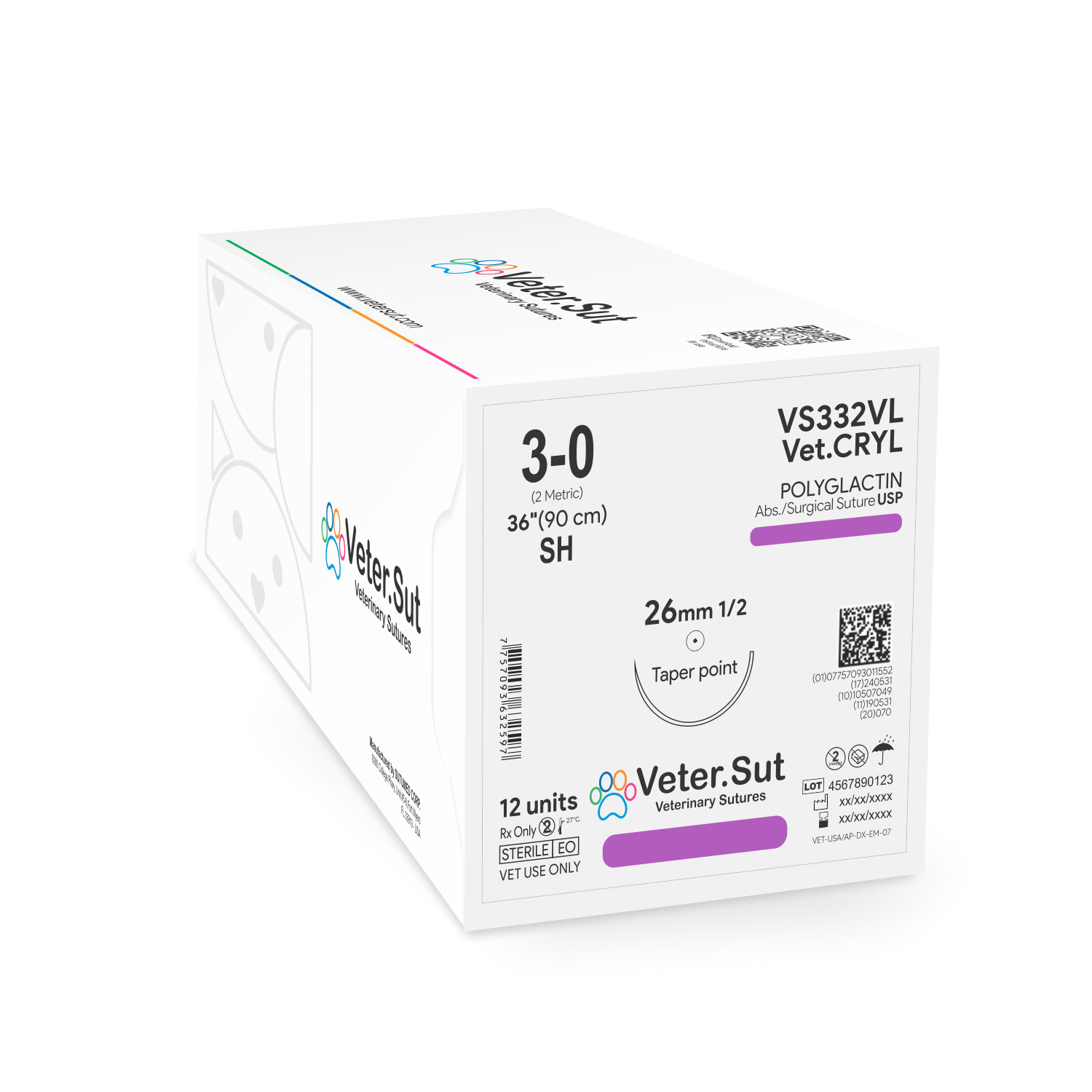 Vetersut VetCRYL Polyglactin, USP 3-0, 1/2 26mm taper point Veterinary Suture