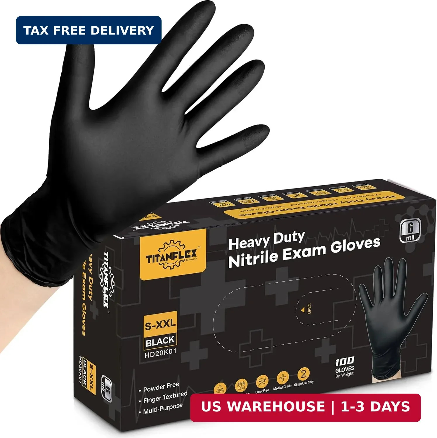 TitanFlex Disposable Nitrile Exam Gloves, 6-mil, Black, Heavy Duty, Latex Free,