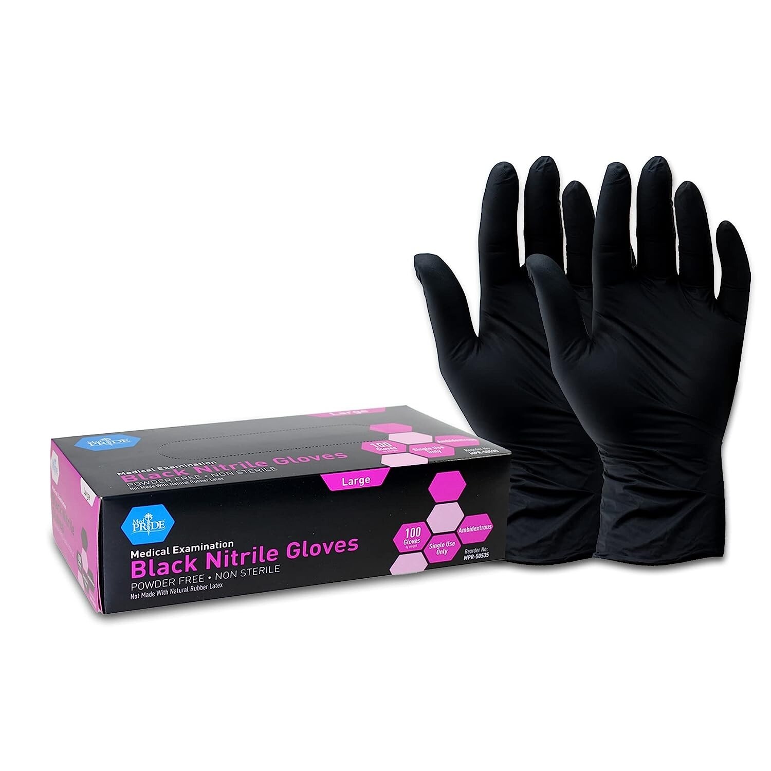 MedPride Medical Examination Nitrile Gloves,N/S Powder Free, Large,Black-100/Box