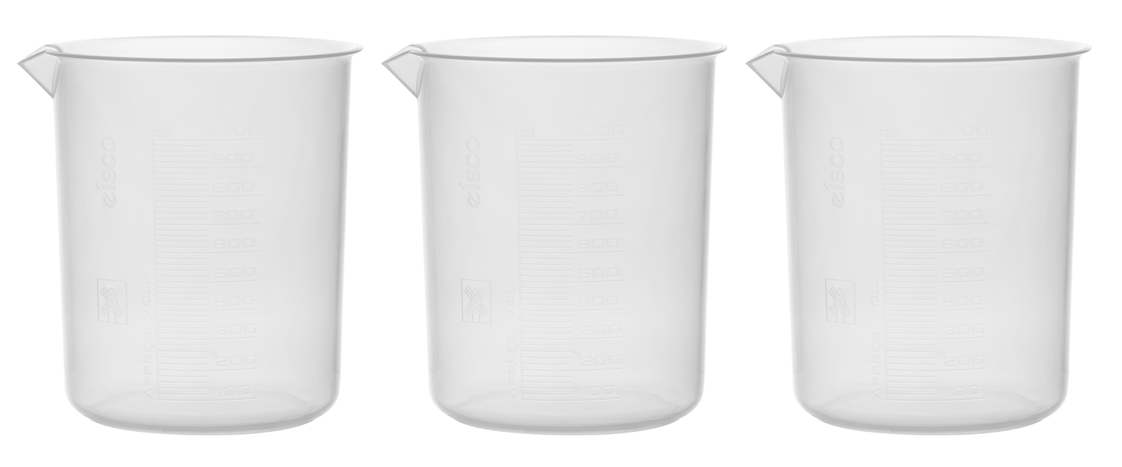 Eisco Labs 1000ml Polypropylene Plastic Beakers, Raised Graduations – 3 Pack