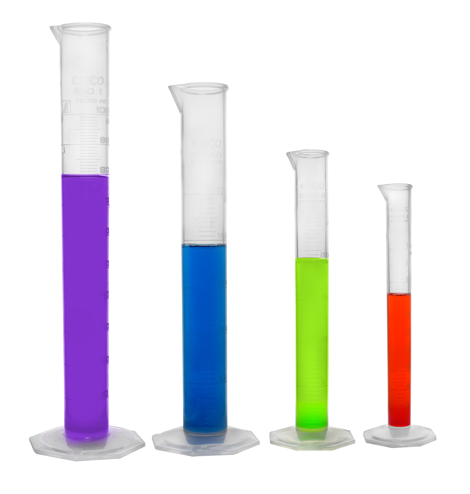 Eisco Polypropylene Graduated Cylinder Set – 10ml, 25ml, 50ml & 100ml – 10 Pack