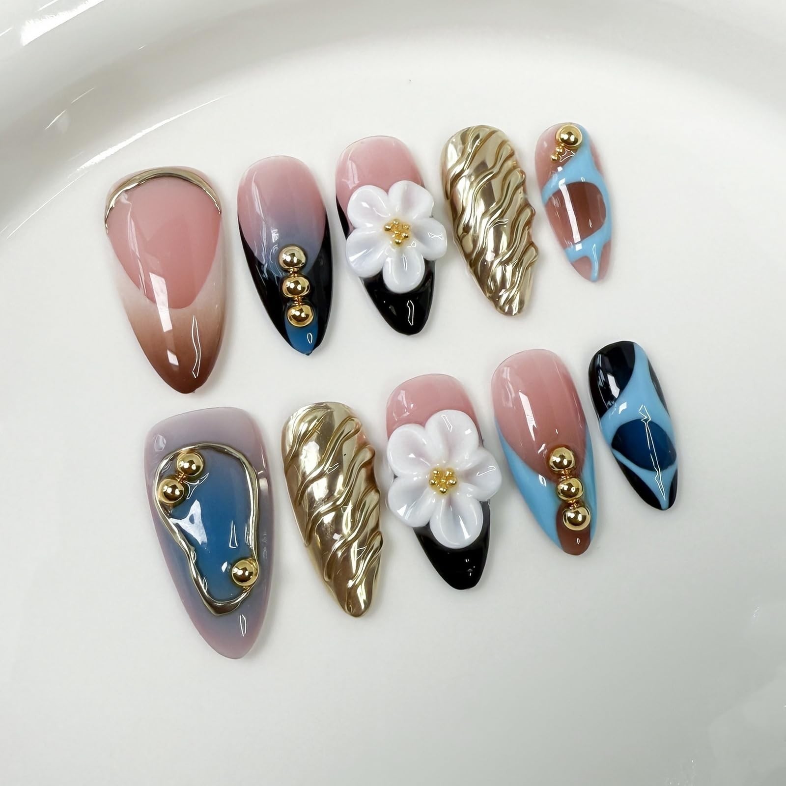 Brkykgk Handmade Nails Almond Press On Nails Medium 3D Floral French Tip Gold