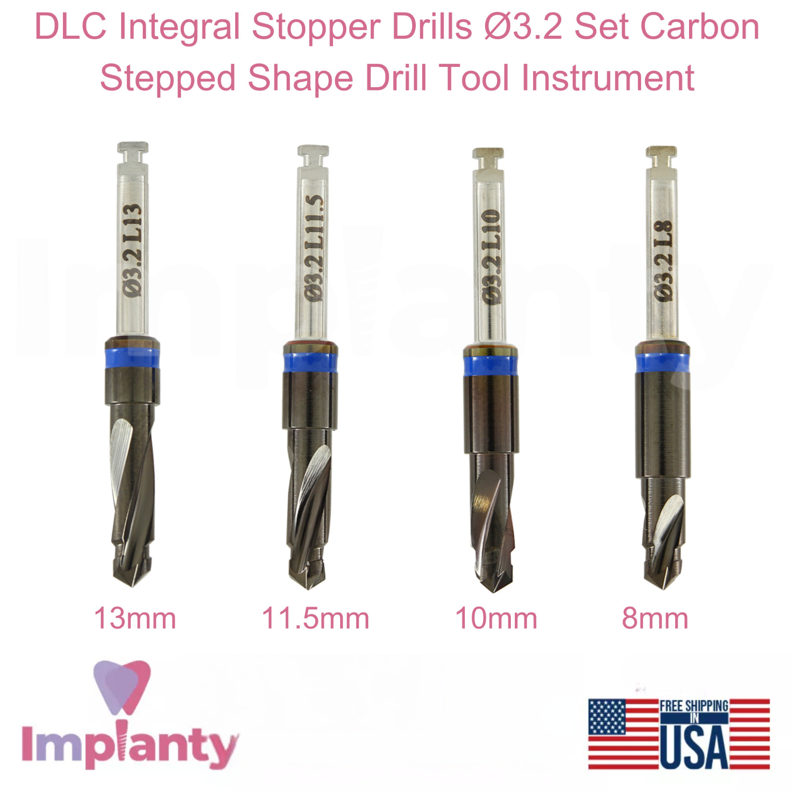 GDT Integral DLC Stopper Stepped Drills Ø3.2 Set Dental Cutting Tools Blue
