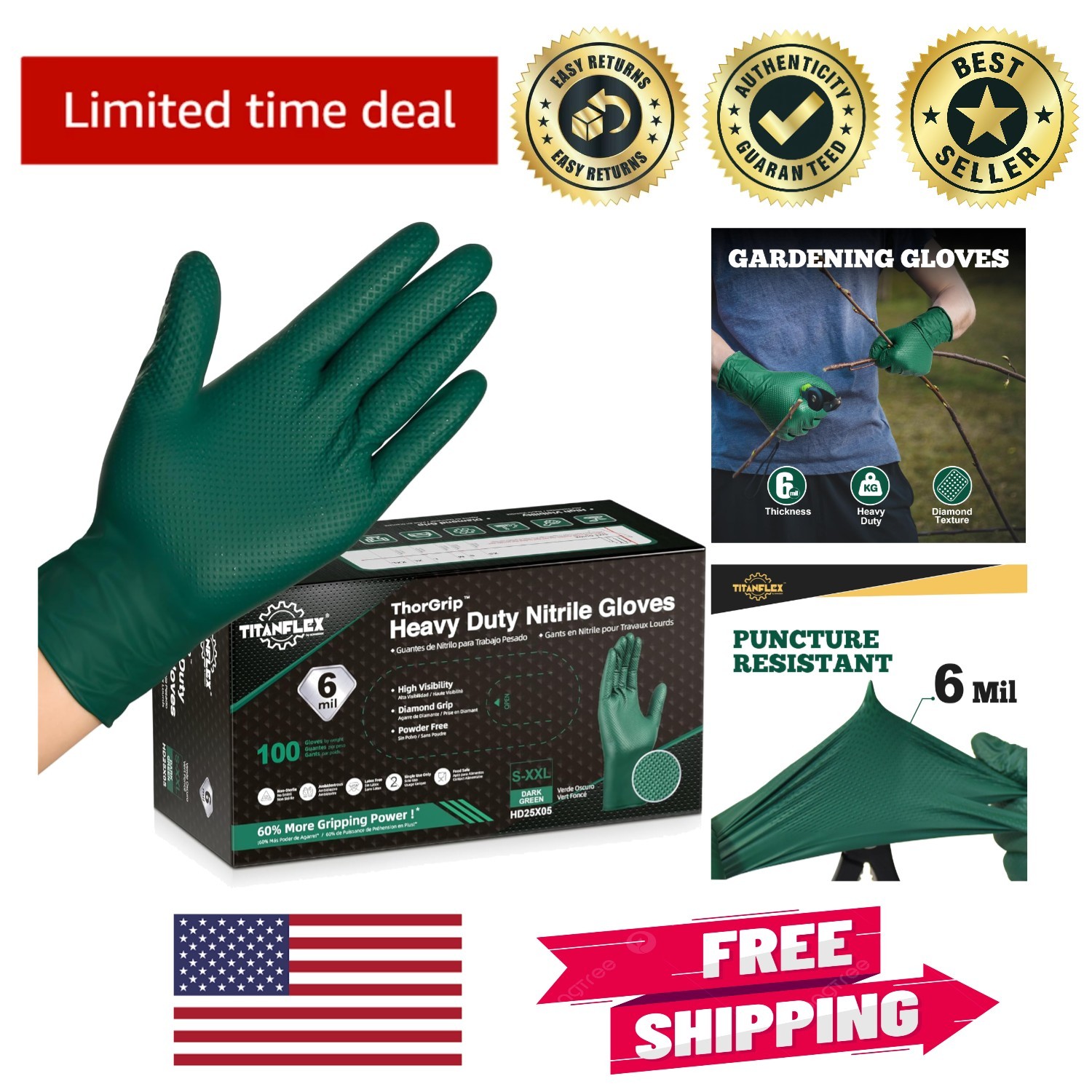 Heavy Duty Nitrile Gloves, 6 Mil Dark Green, 100 Pack for Mechanics – Latex Free
