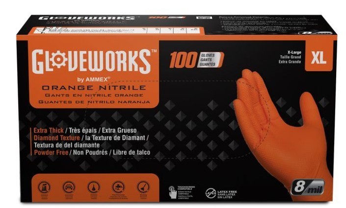 GLOVEWORKS HD Orange Disposable Gloves 8 Mil Raised Diamond Texture XL