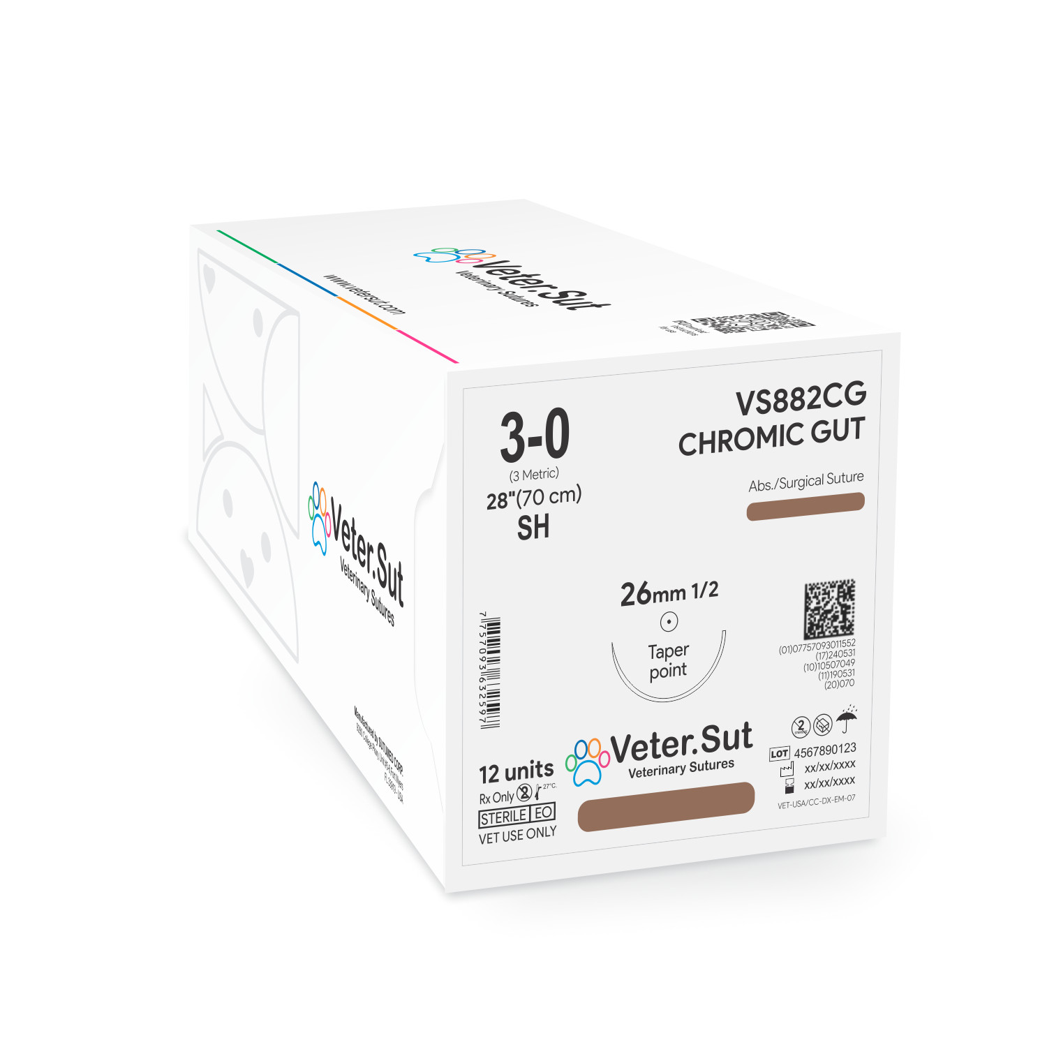 Vetersut Chromic Gut, USP 3-0, 1/2 26mm, SH, 12 count Veterinary Suture